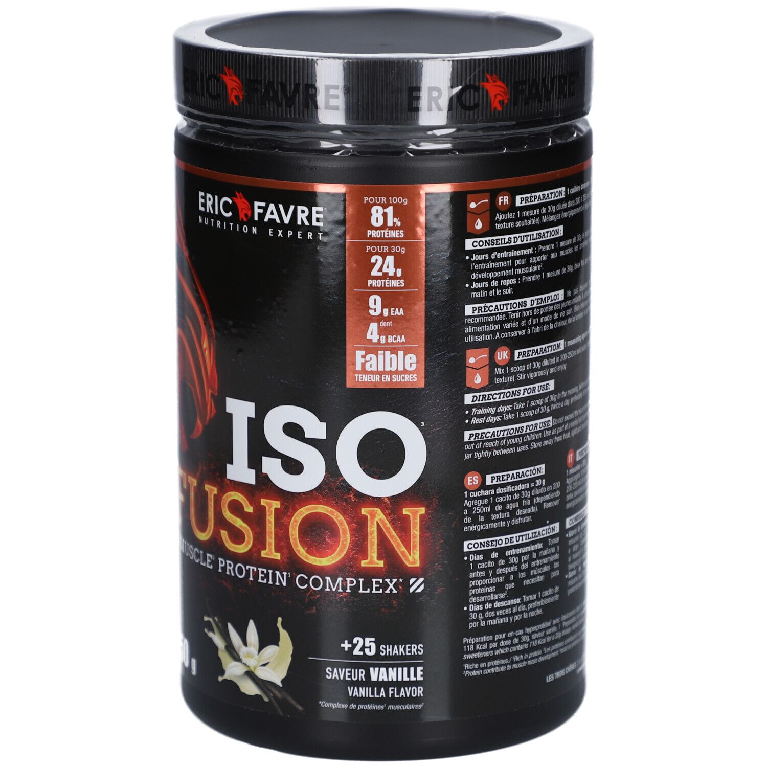 Boîte noire avec design rouge et jaune. Inscription: ISO FUSION, 750g, saveur vanille. Marque: ERIC FAVRE.