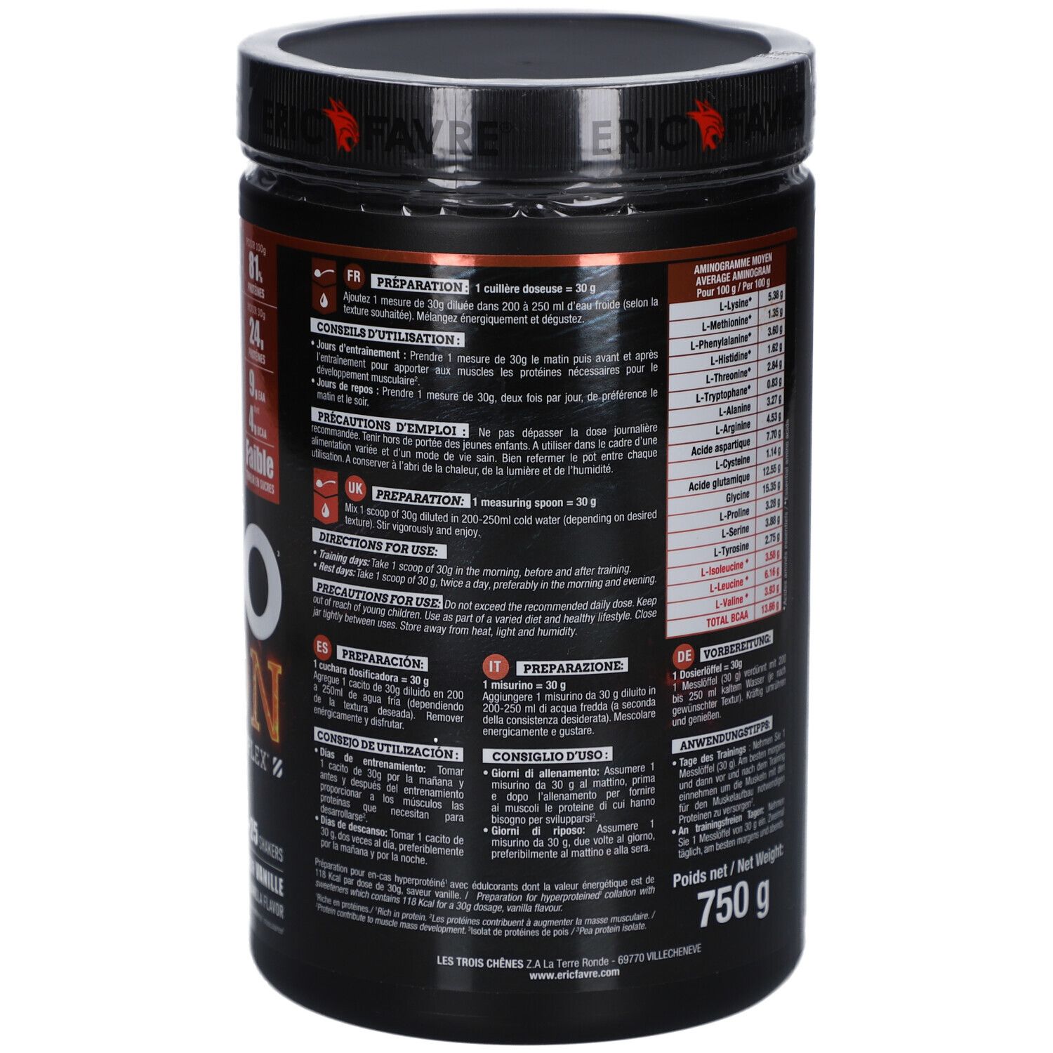 Dos de la boîte. Texte avec instructions de préparation et informations nutritionnelles. Poids: 750 g. Marque: ERIC FAVRE.