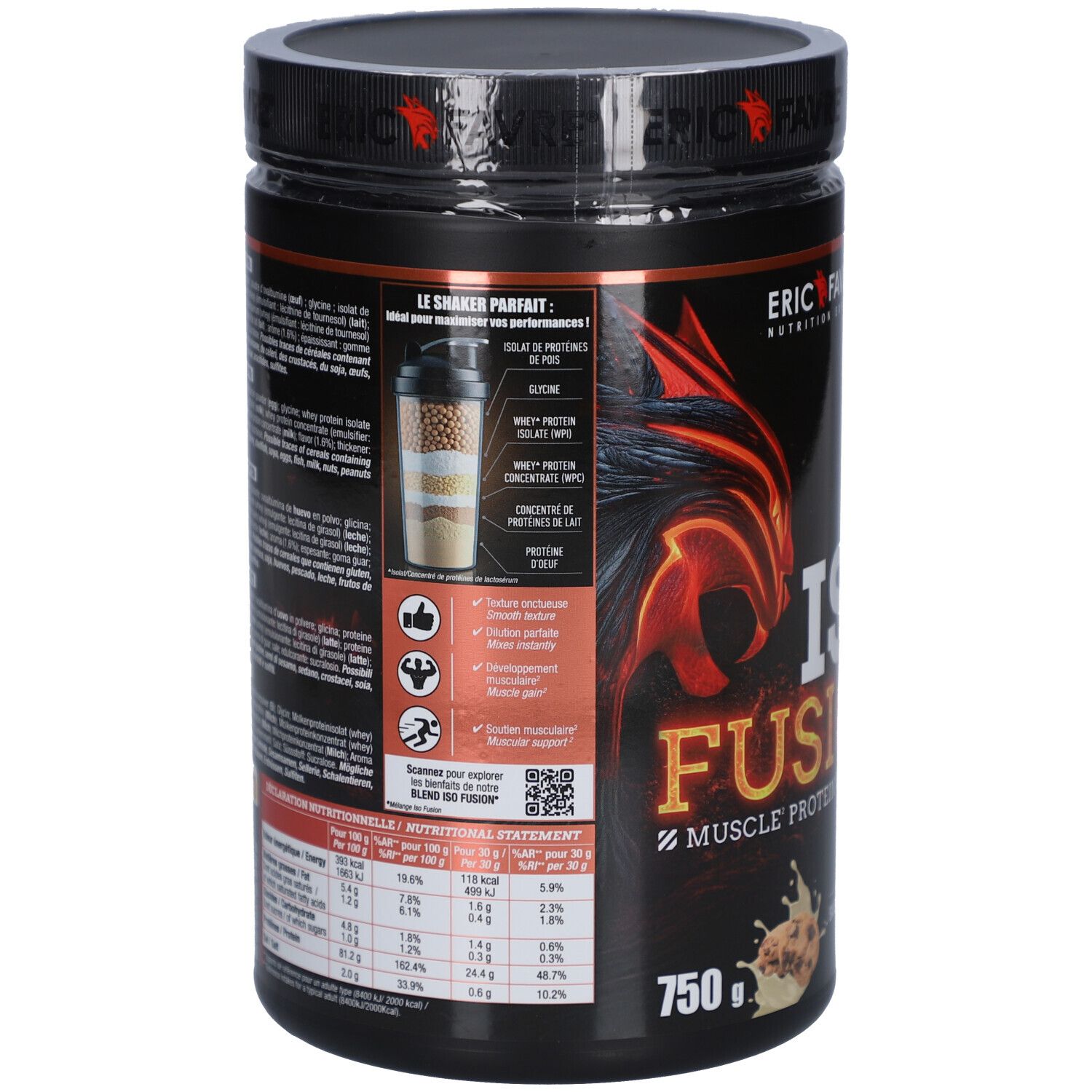 Dos du pot. Informations composition et nutritionnelles. Illustration shaker. 750g. Marque ERIC FAVRE.