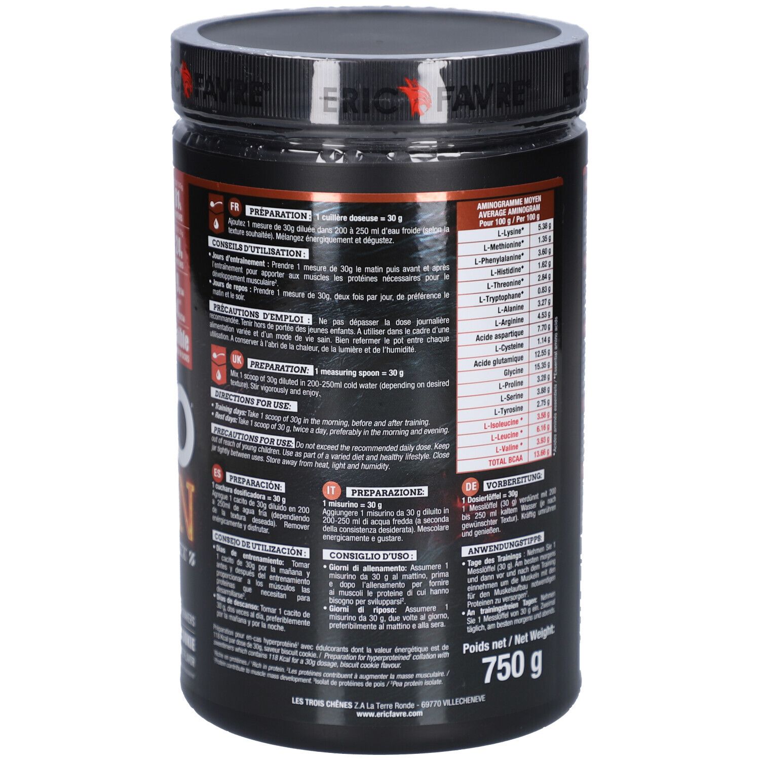 Dos du pot. Informations d'utilisation et nutritionnelles. 750g. Marque ERIC FAVRE.