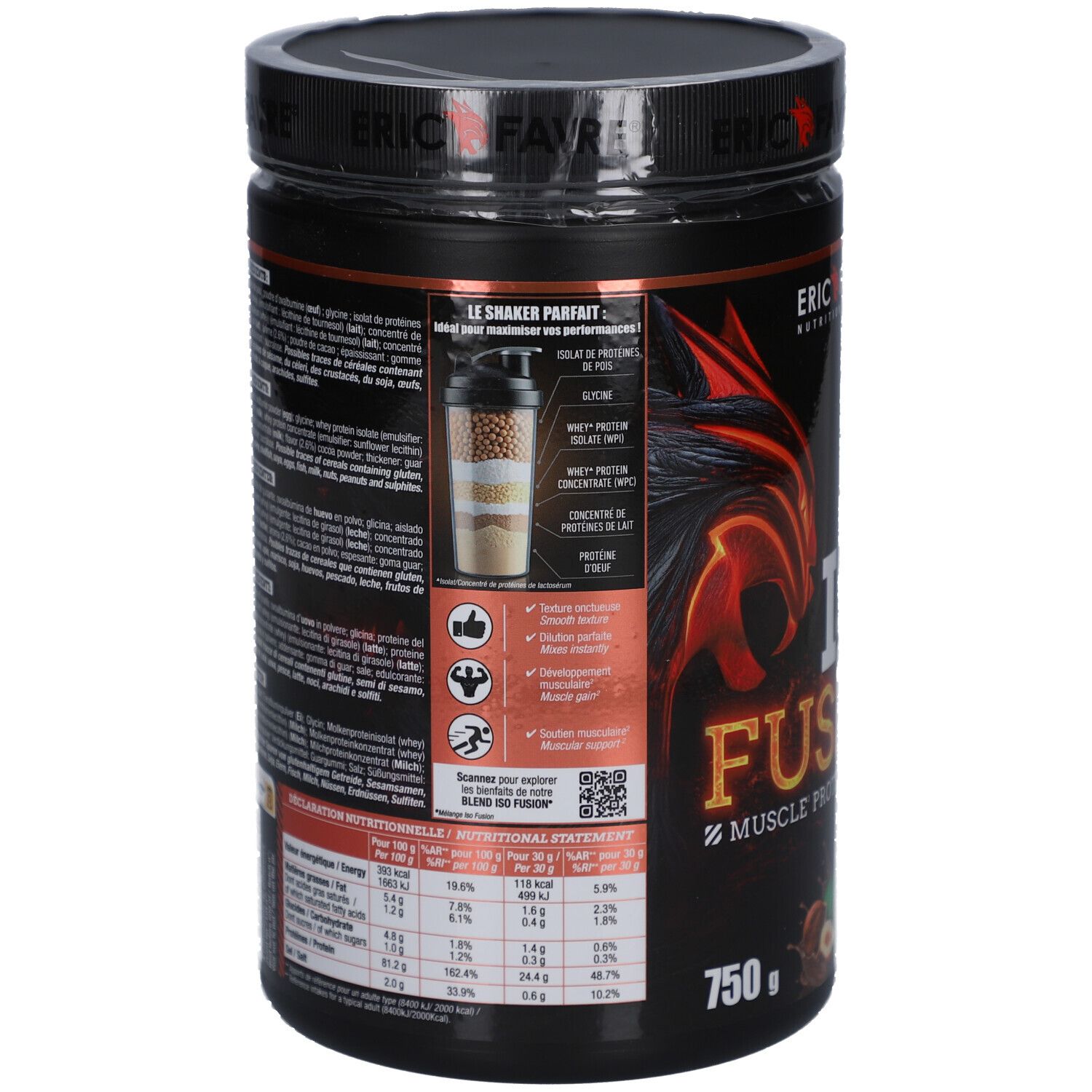 Dos du pot avec texte et informations nutritionnelles. Contient une illustration d'un shaker. Code QR à scanner.