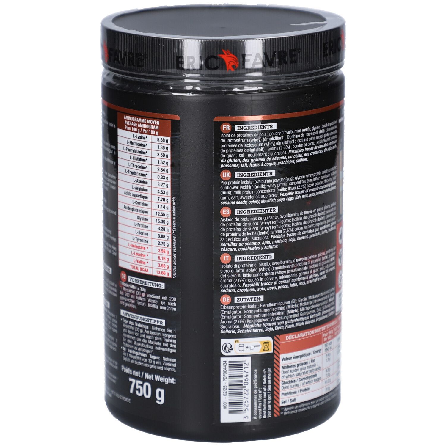 Dos du pot avec texte. Contient des informations sur les ingrédients et les valeurs nutritionnelles. Poids: 750 g.