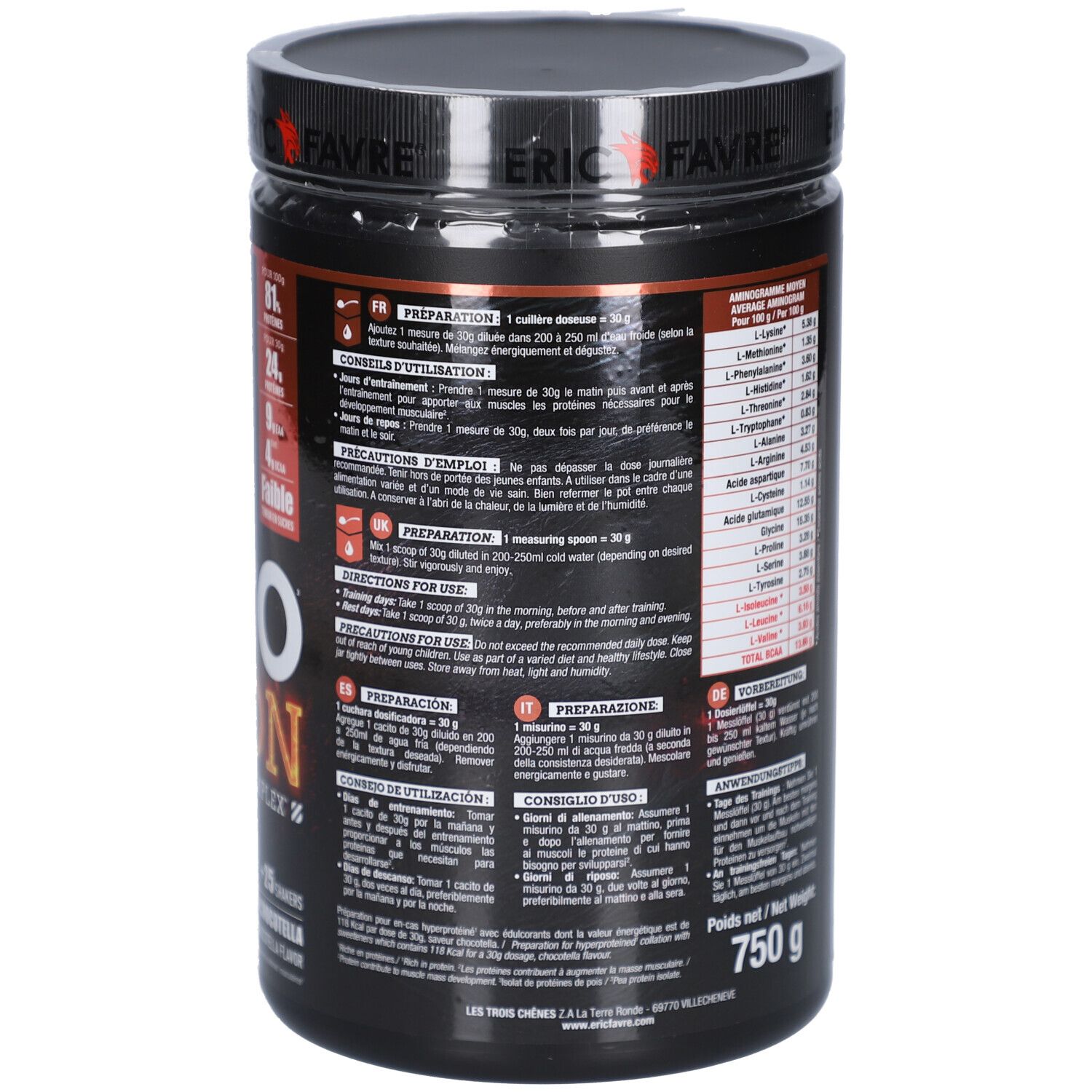 Dos du pot avec texte. Contient des informations sur la préparation, l'utilisation et les ingrédients. Poids: 750 g.