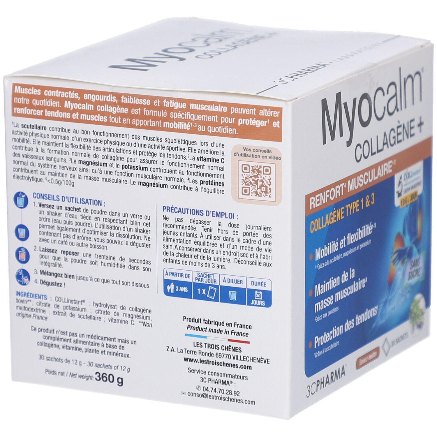Dos de la boîte blanche. Texte: Conseils d'utilisation, précautions d'emploi, ingrédients. Produit fabriqué en France.