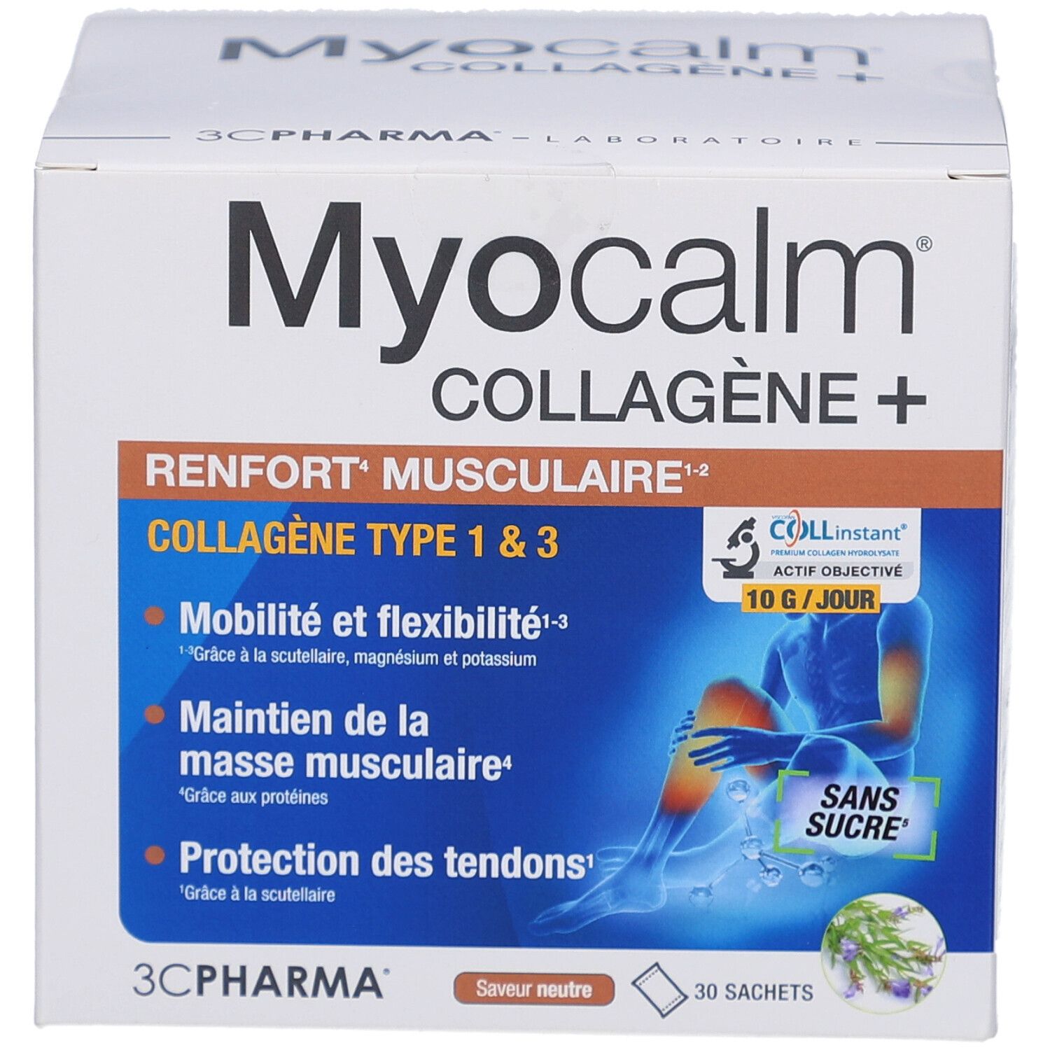 Boîte blanche Myocalm Collagène+. Texte: Renforcement musculaire, mobilité, masse musculaire, tendons. 30 sachets, goût neutre.
