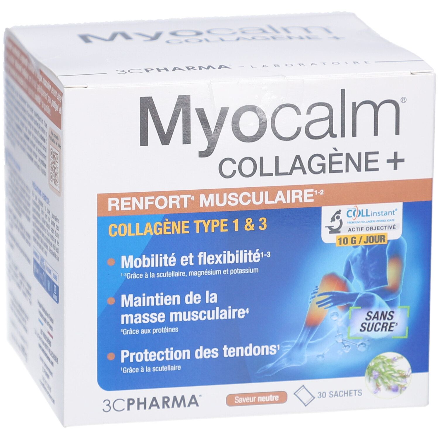 Boîte blanche Myocalm Collagène+. Texte: Renforcement musculaire, mobilité, masse musculaire, tendons. 30 sachets, goût neutre.