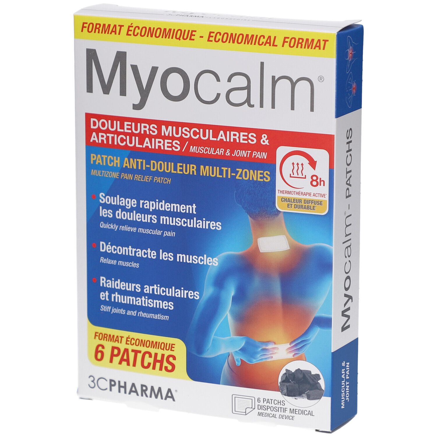 Boîte de patchs Myocalm. Contient 6 patchs. Texte: Soulage la douleur, détend les muscles, apaise les articulations.