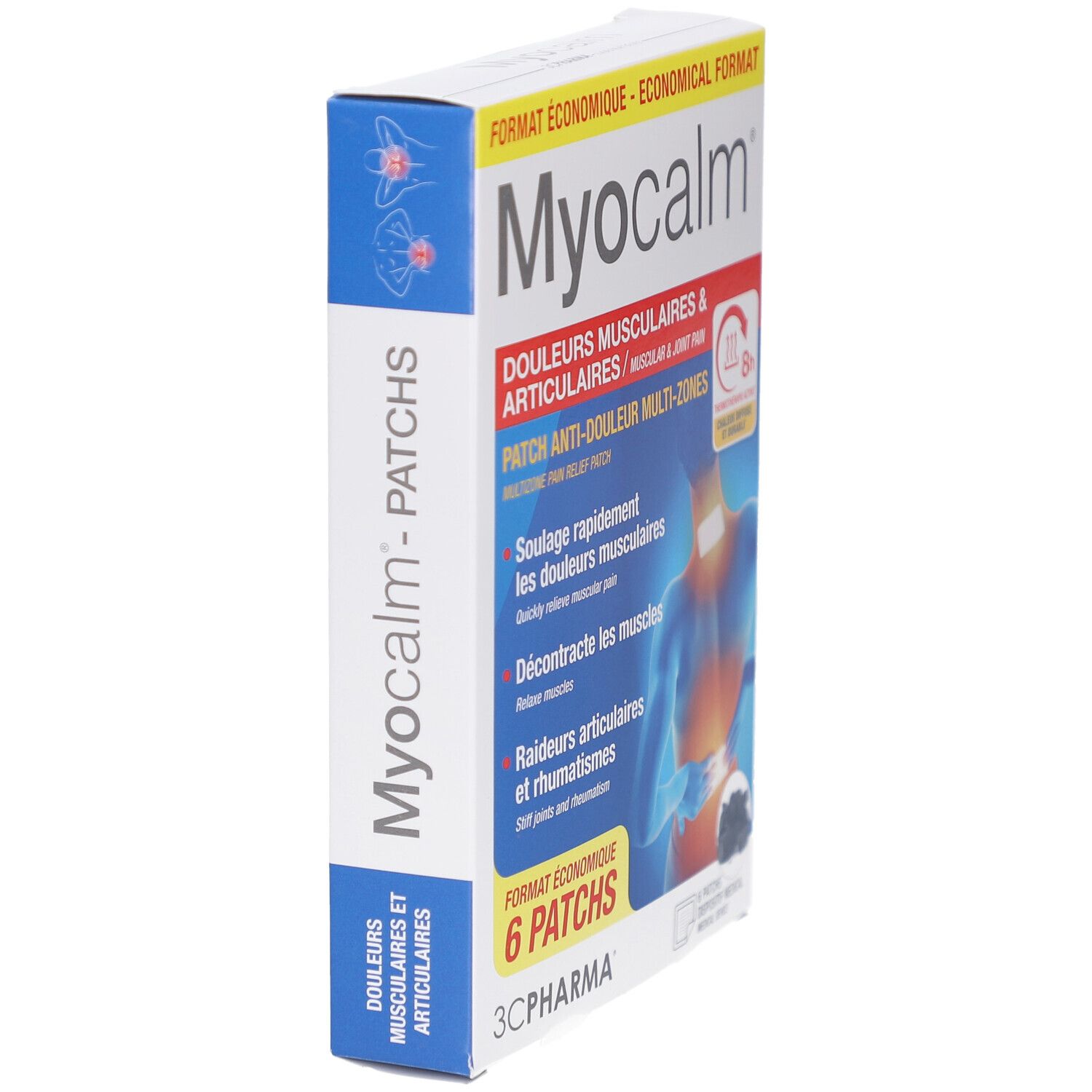 Boîte de patchs Myocalm en biais. Contient 6 patchs. Texte: Soulage la douleur, détend les muscles.