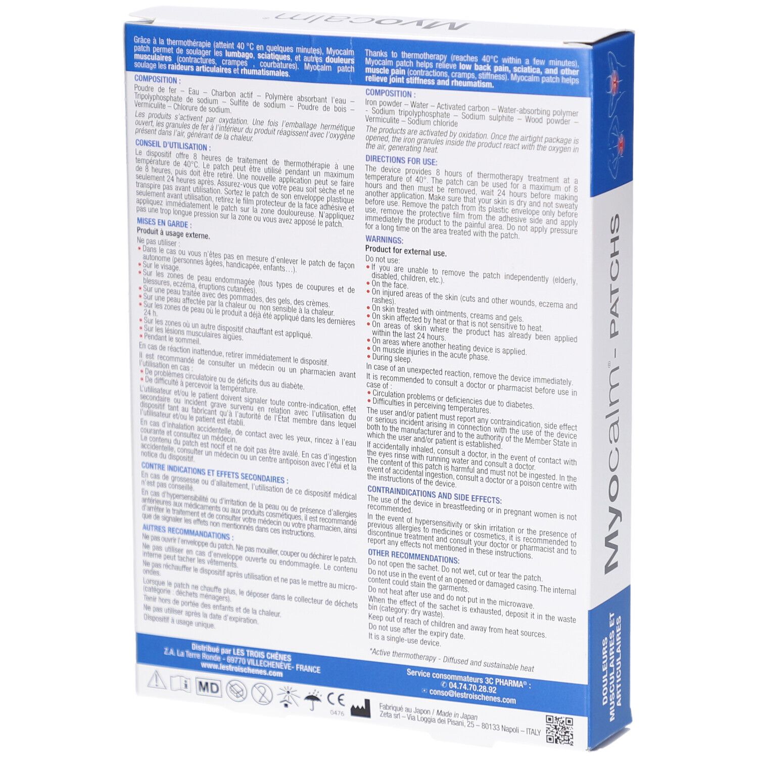 Dos de la boîte de patchs Myocalm. Contient des informations sur les ingrédients et l'utilisation.