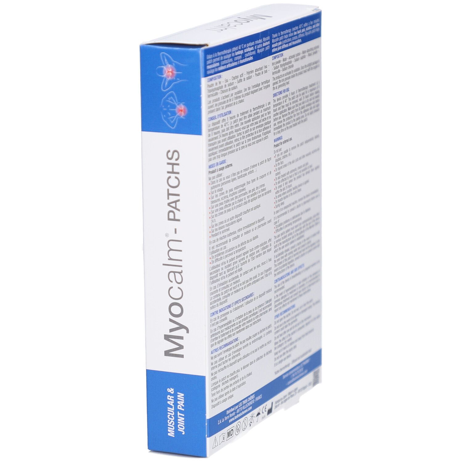 Boîte de patchs Myocalm en biais. Texte sur l'emballage.