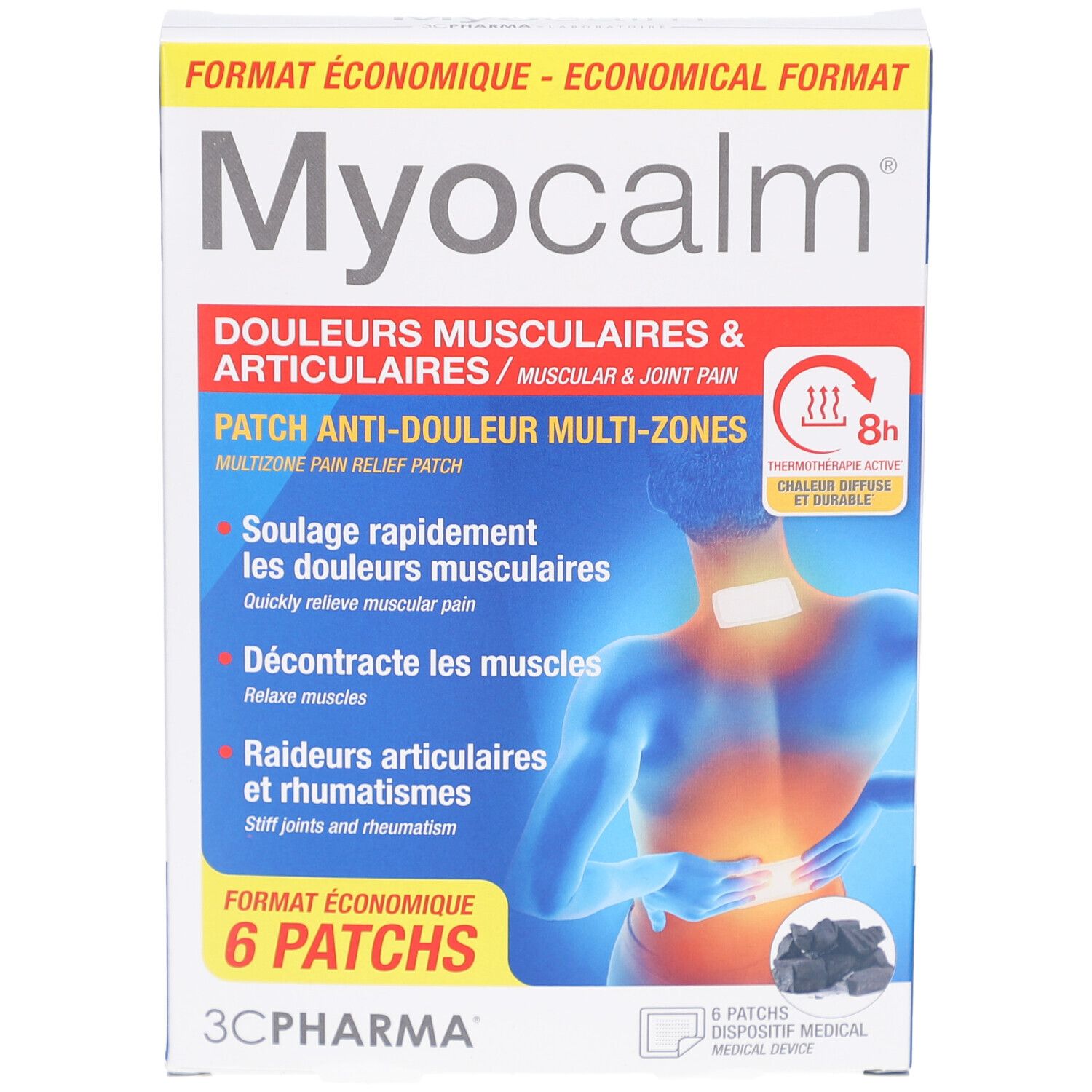 Boîte de patchs Myocalm. Contient 6 patchs. Texte: Soulage la douleur, détend les muscles, apaise les articulations.