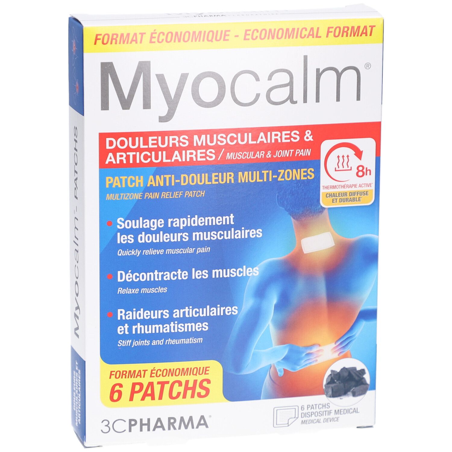 Boîte de patchs Myocalm. Contient 6 patchs. Texte: Soulage la douleur, détend les muscles, apaise les articulations.