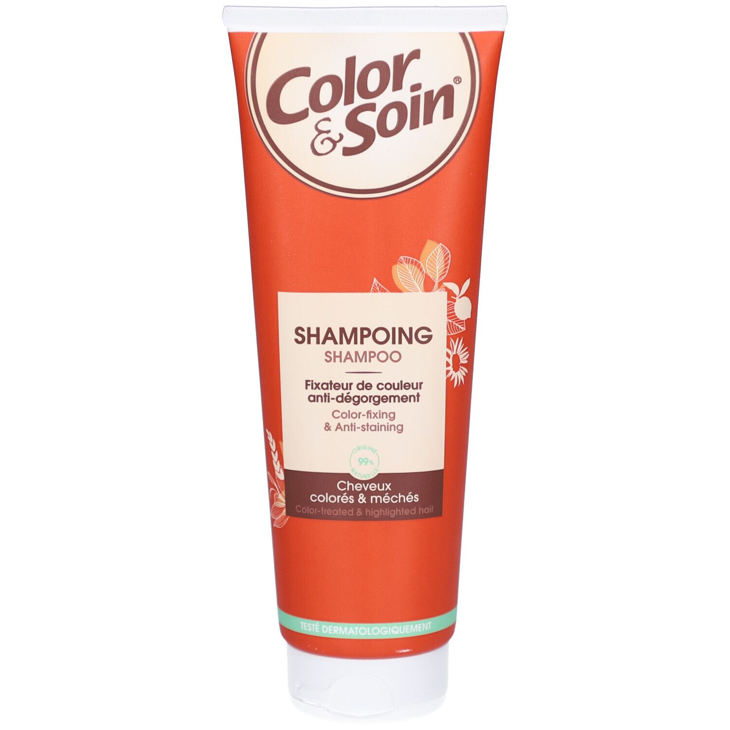 Tube orange avec bouchon blanc. Inscriptions "Color & Soin" et "Shampooing".