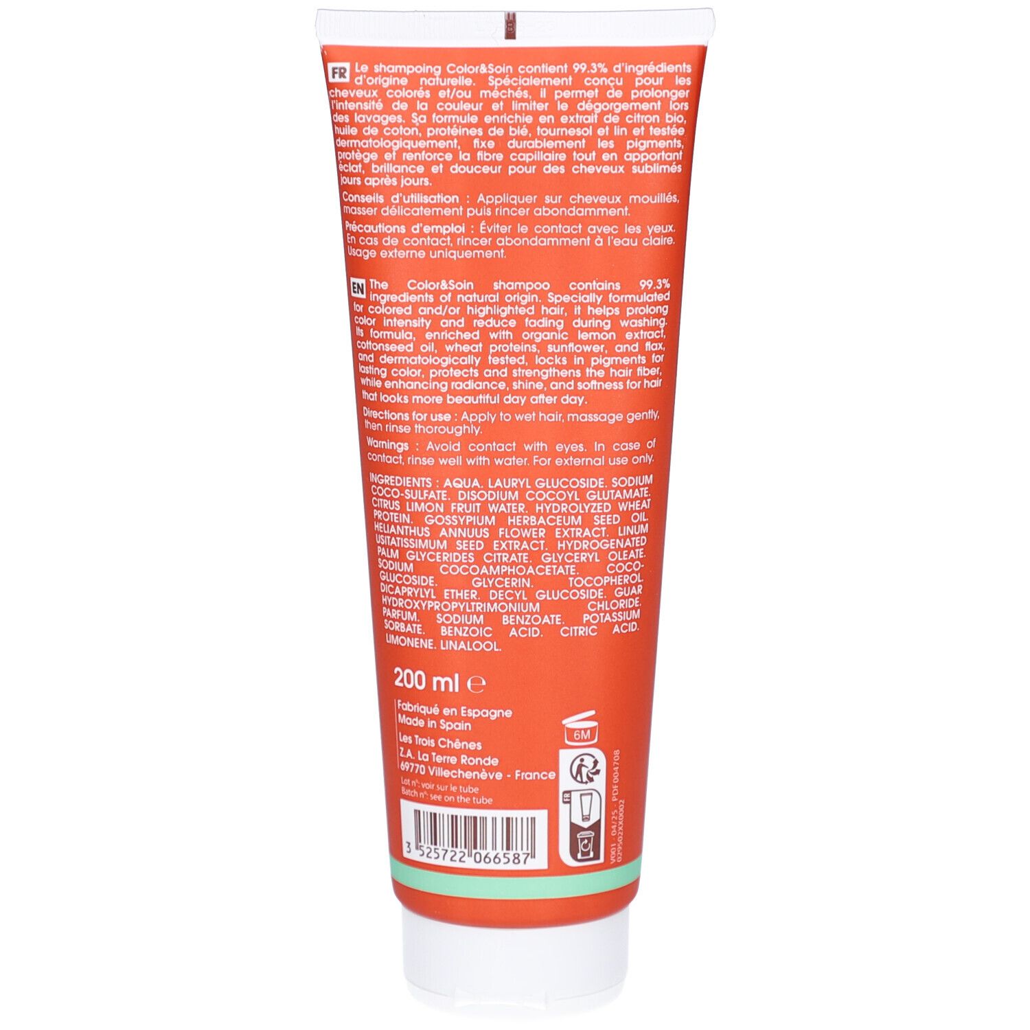 Dos du tube. Texte multilingue. Indication de 200 ml.