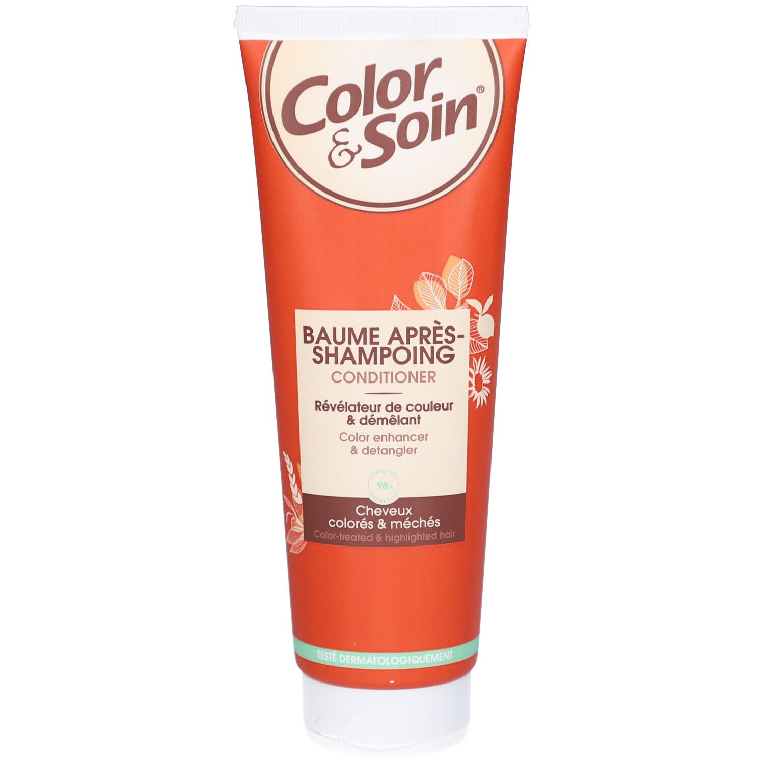 Tube rouge avec bouchon blanc. Inscription: Color & Soin, Baume Après-Shampoing, Conditioner. Pour cheveux colorés.