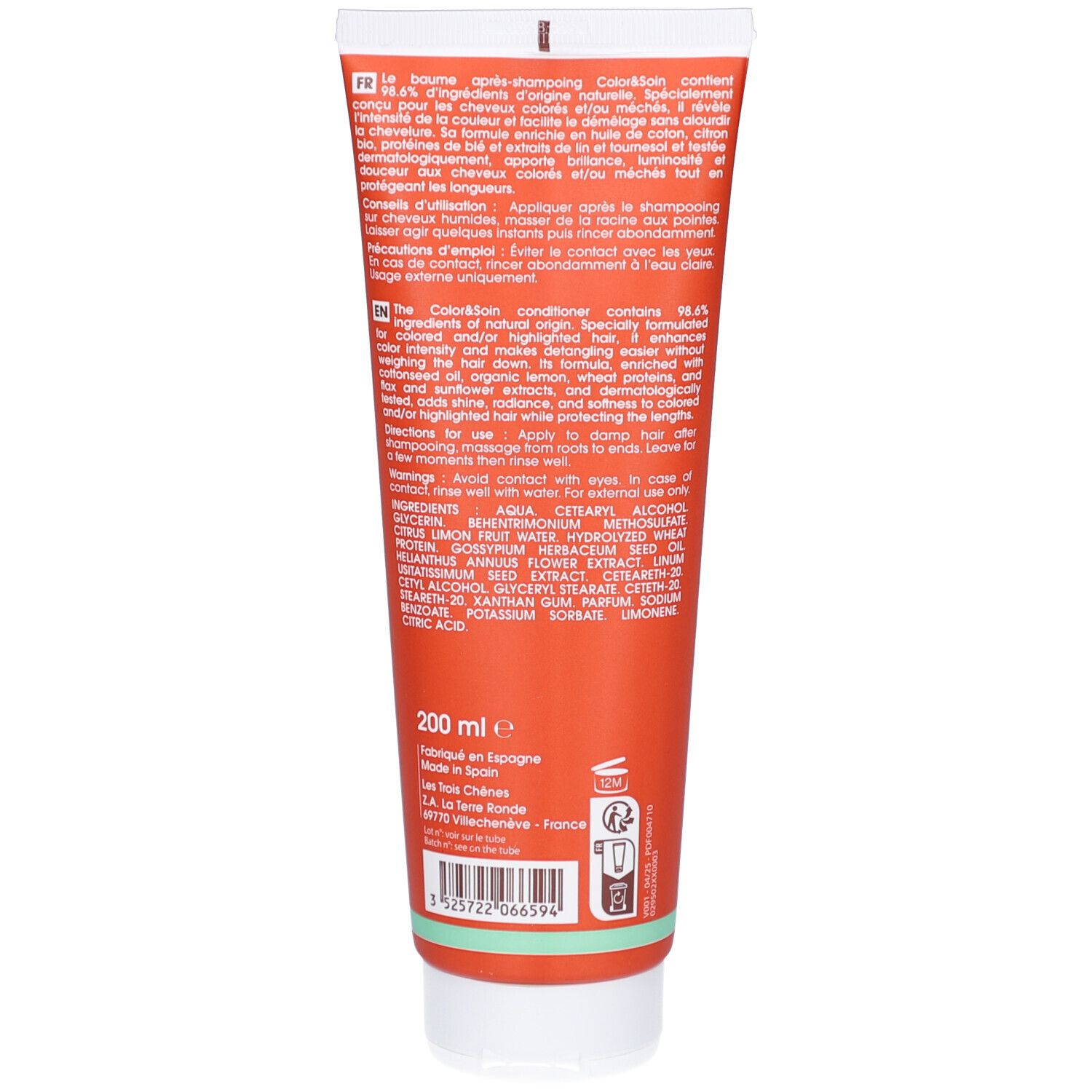 Dos du tube rouge. Texte en français et anglais. Ingrédients et indication de volume 200 ml.