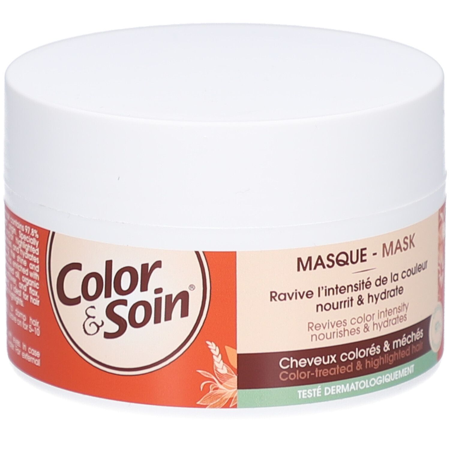 Pot rond blanc. Étiquette avec logo "Color & Soin" et informations produit. Fond orange.