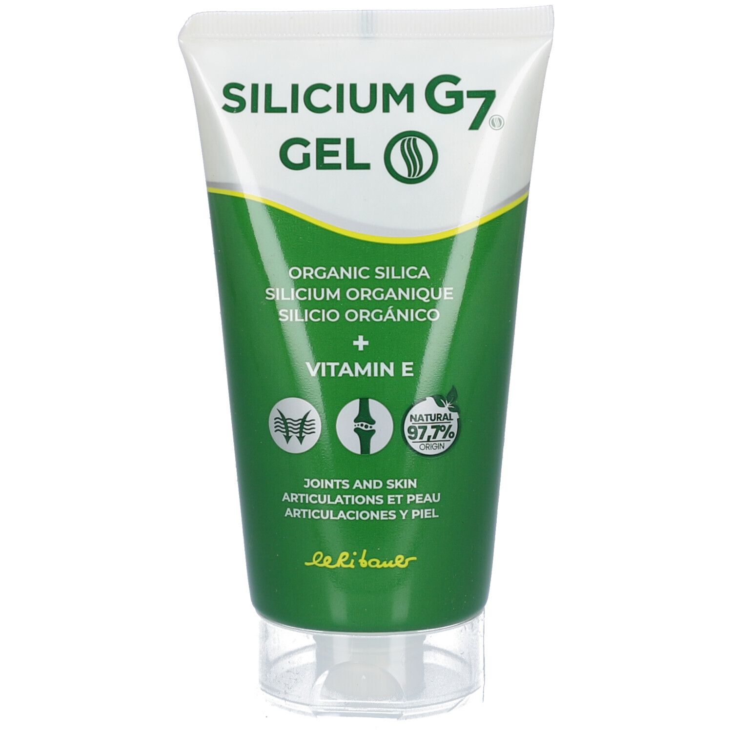 Tube de gel Silicium G7. Bouchon blanc, texte et bandes vertes. Contient de la vitamine E. Texte: Organic Silica, Joints and Skin.