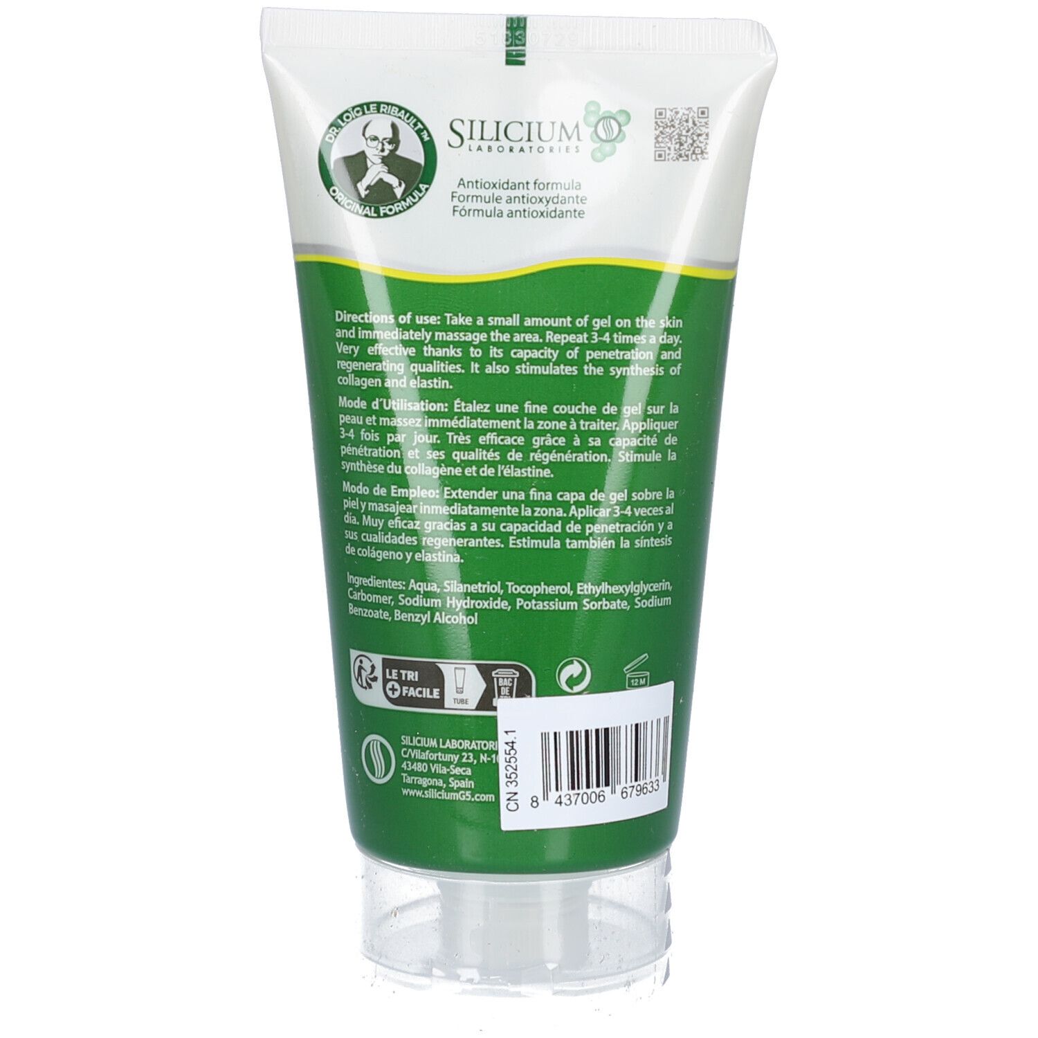 Dos du tube de gel Silicium G7. Fond vert, texte blanc. Contient du texte et un code-barres. Texte: Antioxidant formula.