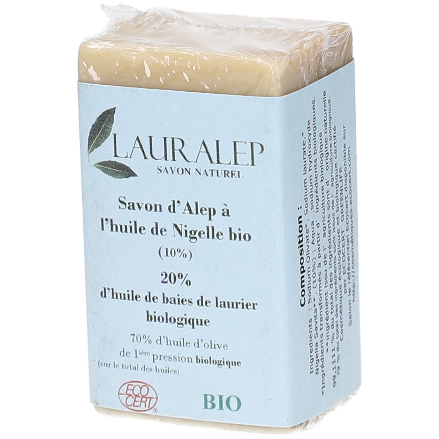 Savon d'Alep emballé. Emballage bleu avec informations produit et logo LAURALEP. Certification Bio.