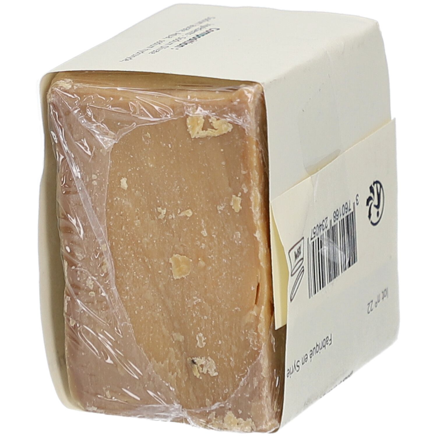 Bloc de savon carré, emballé dans du papier et du film plastique. Vue latérale. Inscription : LAURALEP, Savon d'Alep Traditionnel.