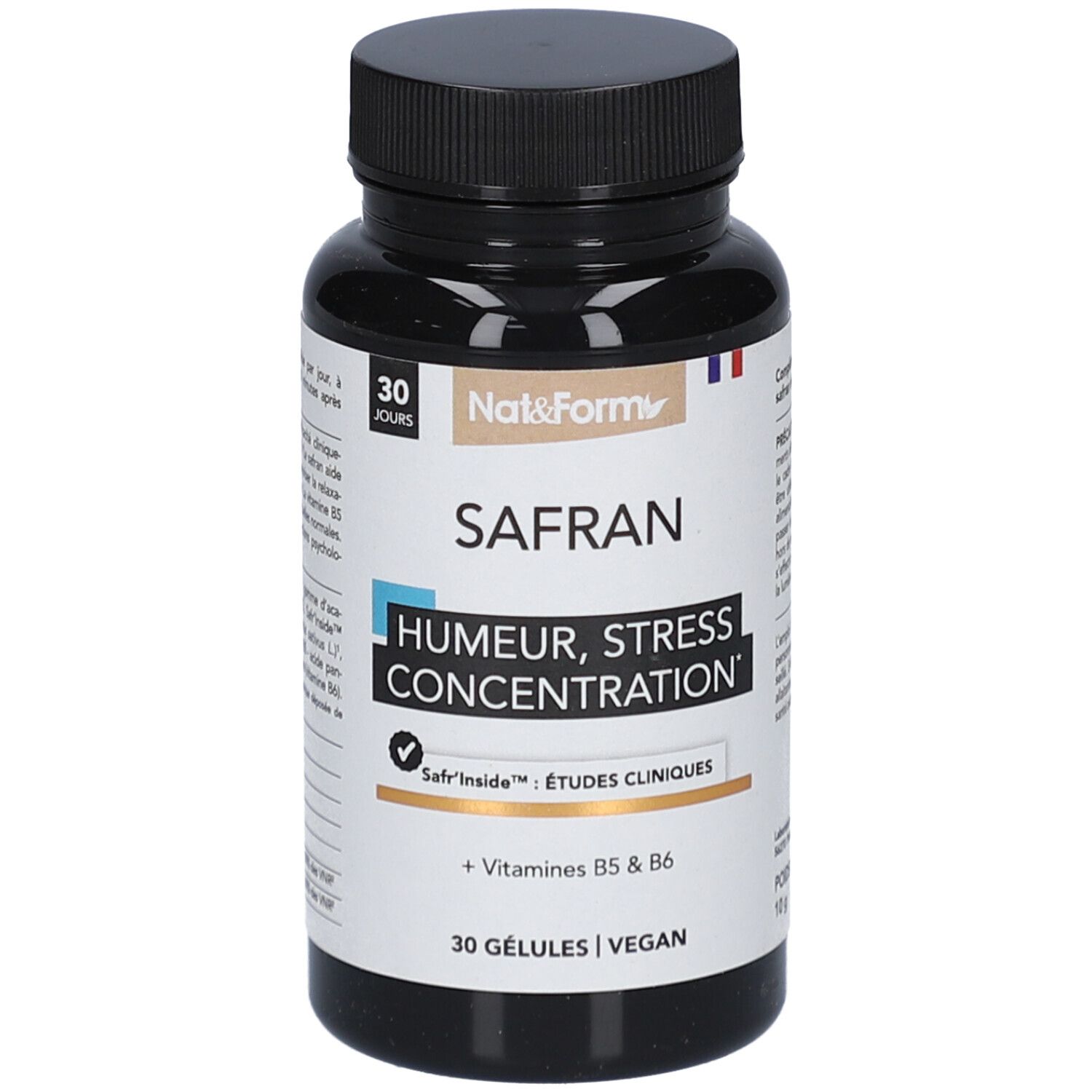 Flacon brun de gélules. Inscription: SAFRAN, Humeur, Stress, Concentration. Contient des vitamines B5 & B6. 30 gélules, vegan.