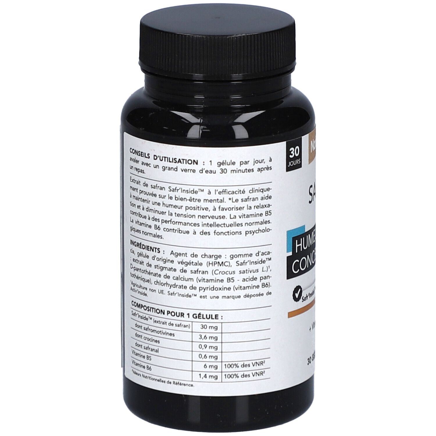 Dos du flacon avec texte. Contient des informations sur les ingrédients, l'utilisation et les valeurs nutritionnelles. Texte en français.