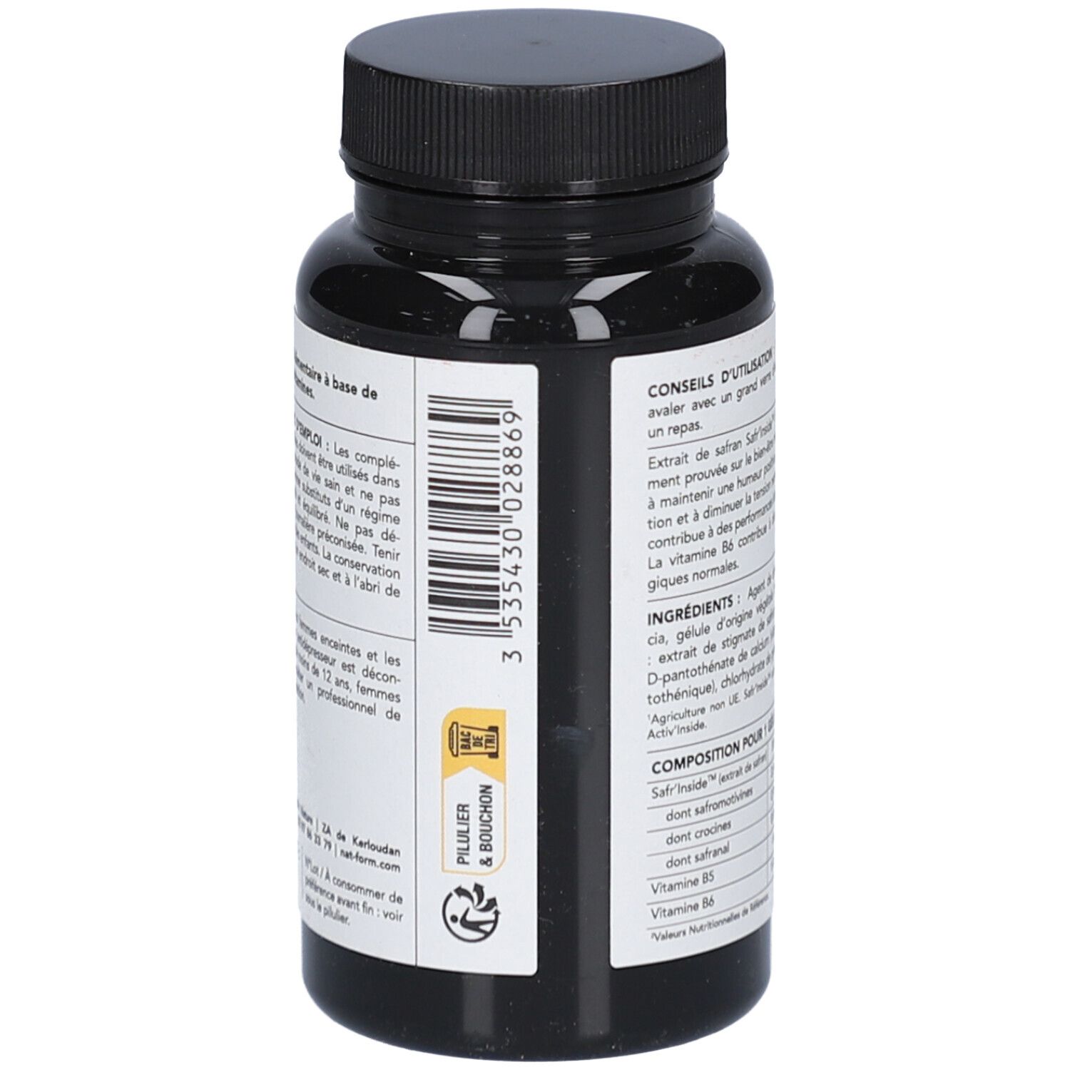 Dos du flacon avec texte. Contient des informations sur les ingrédients, l'utilisation et les valeurs nutritionnelles. Texte en français.