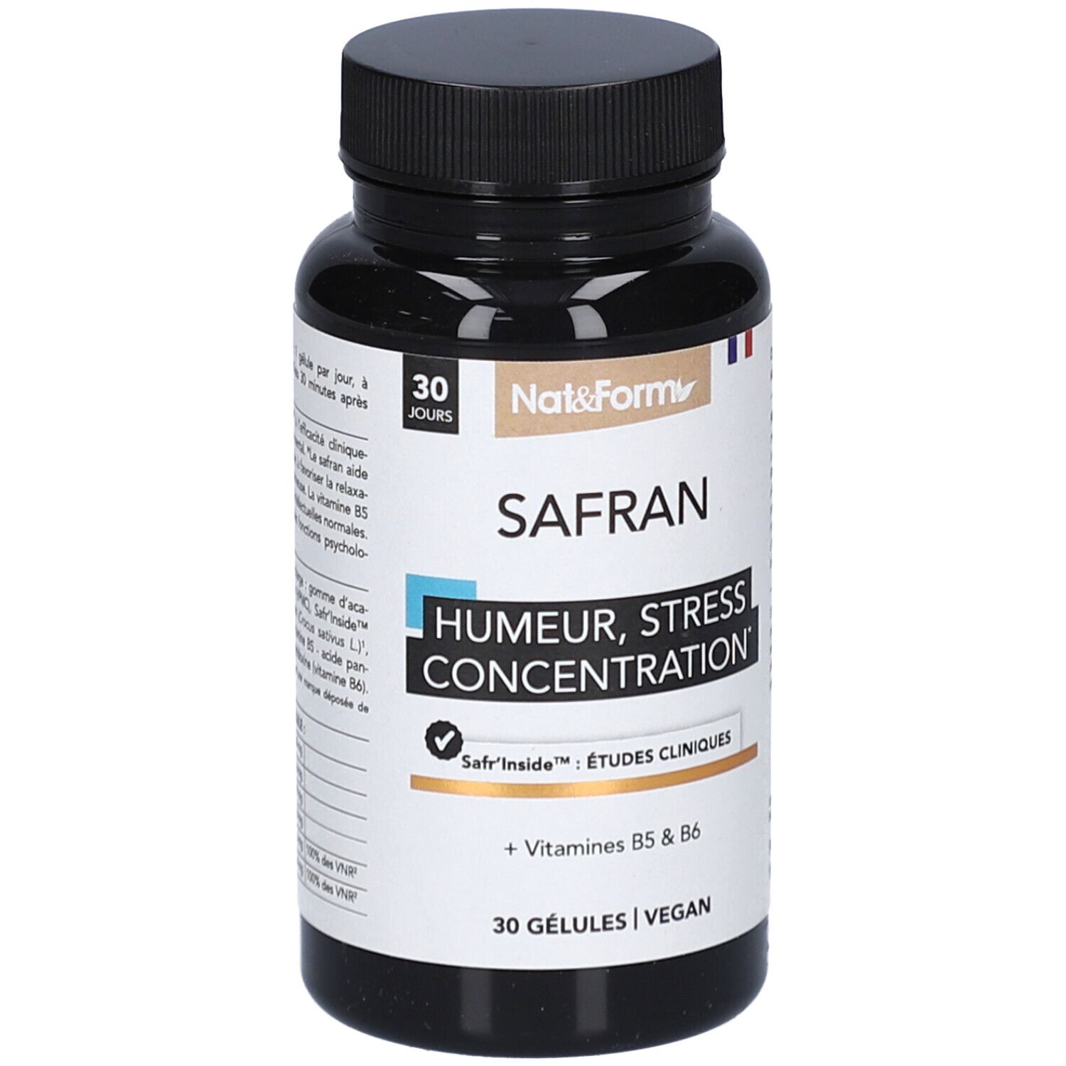 Flacon brun de gélules. Inscription: SAFRAN, Humeur, Stress, Concentration. Contient des vitamines B5 & B6. 30 gélules, vegan.