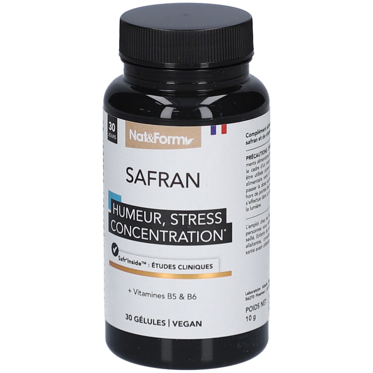 Flacon brun de gélules. Inscription: SAFRAN, Humeur, Stress, Concentration. Contient des vitamines B5 & B6. 30 gélules, vegan.