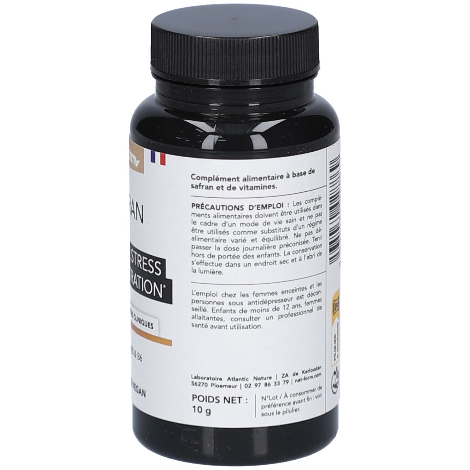 Dos du flacon avec texte. Contient des informations sur les ingrédients, l'utilisation et les valeurs nutritionnelles. Texte en français.