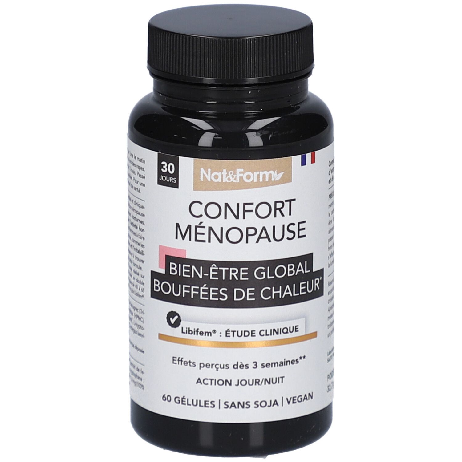 Flacon noir de gélules. Inscription: CONFORT MÉNOPAUSE, Bien-Être Global, Bouffées de Chaleur. 60 gélules, sans soja, vegan.