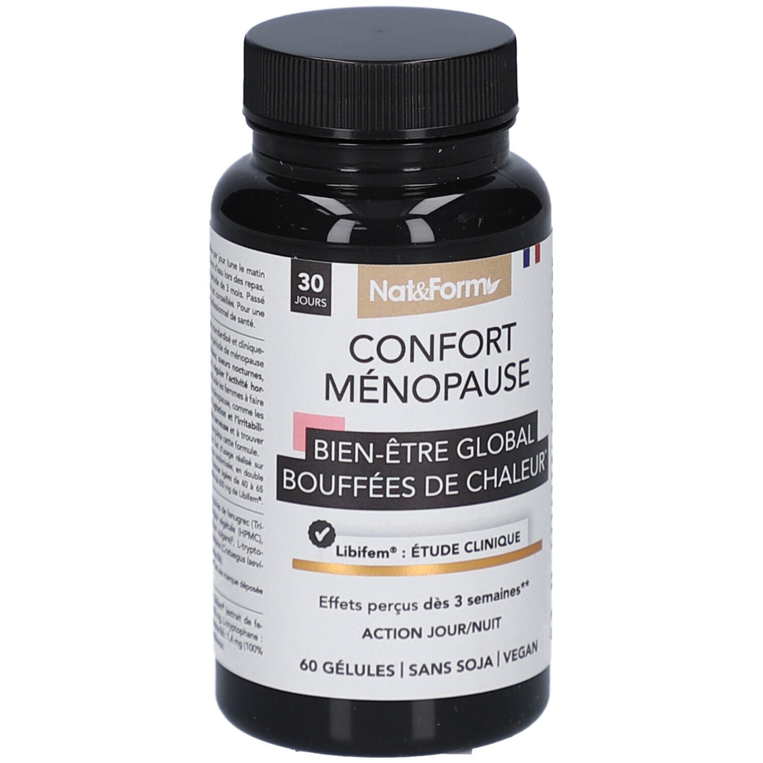 Flacon noir de gélules. Inscription: CONFORT MÉNOPAUSE, Bien-Être Global, Bouffées de Chaleur. 60 gélules, sans soja, vegan.