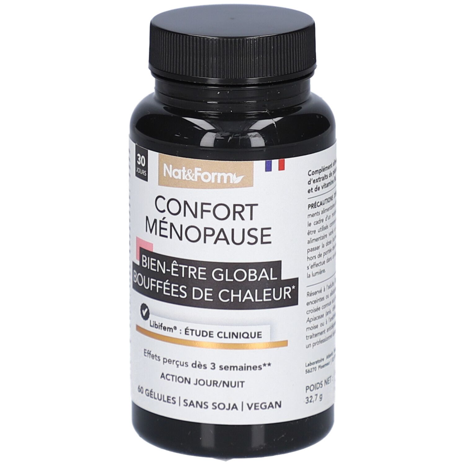 Flacon noir de gélules. Inscription: CONFORT MÉNOPAUSE, Bien-Être Global, Bouffées de Chaleur. 60 gélules, vegan. Poids: 32,7 g.