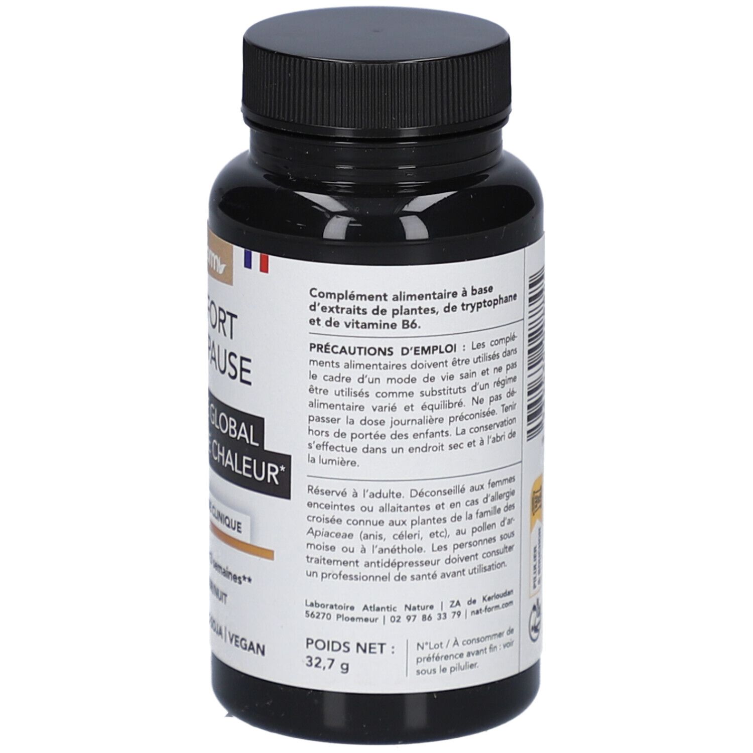Dos du flacon noir. Texte: Précautions d'emploi, poids: 32,7 g. 60 gélules. Vegan.