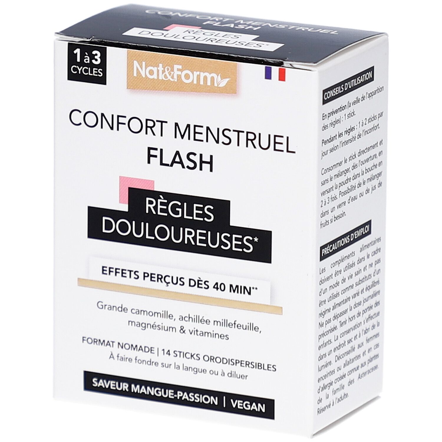 Boîte de NAT & FORM Confort Menstruel Flash. Contient 14 sticks. Inscription : Règles Douloureuses, Effets perçus dès 40 min.