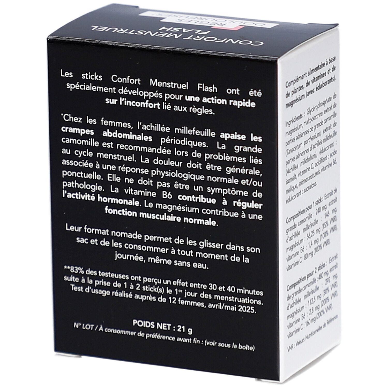 Boîte NAT & FORM Confort Menstruel Flash. Texte sur l'effet et l'utilisation. Poids net : 21 g. Texte en français.