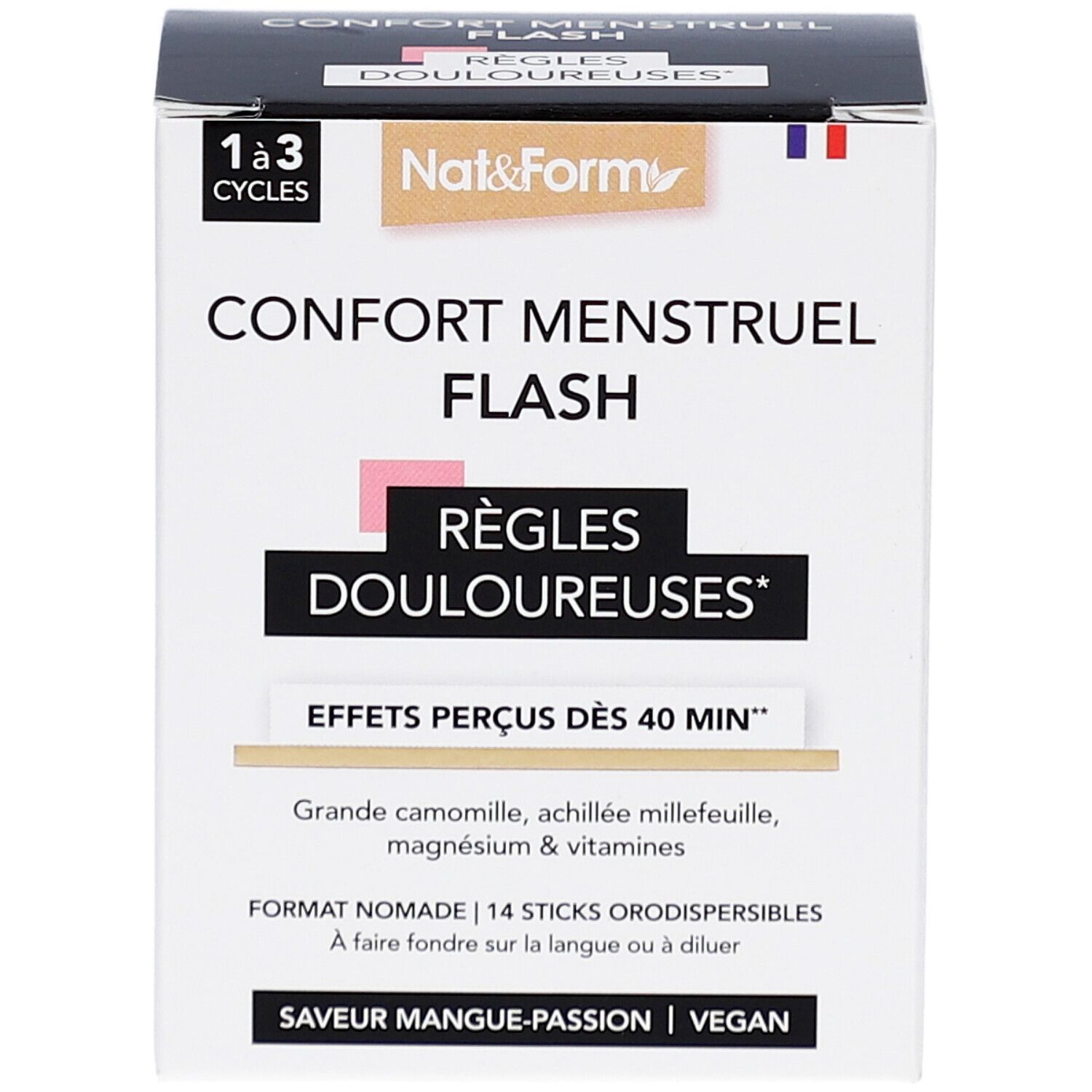 Boîte NAT & FORM Confort Menstruel Flash. Inscription : Règles Douloureuses, Effets perçus dès 40 min. 14 sticks. Goût : Mangue-Passion.