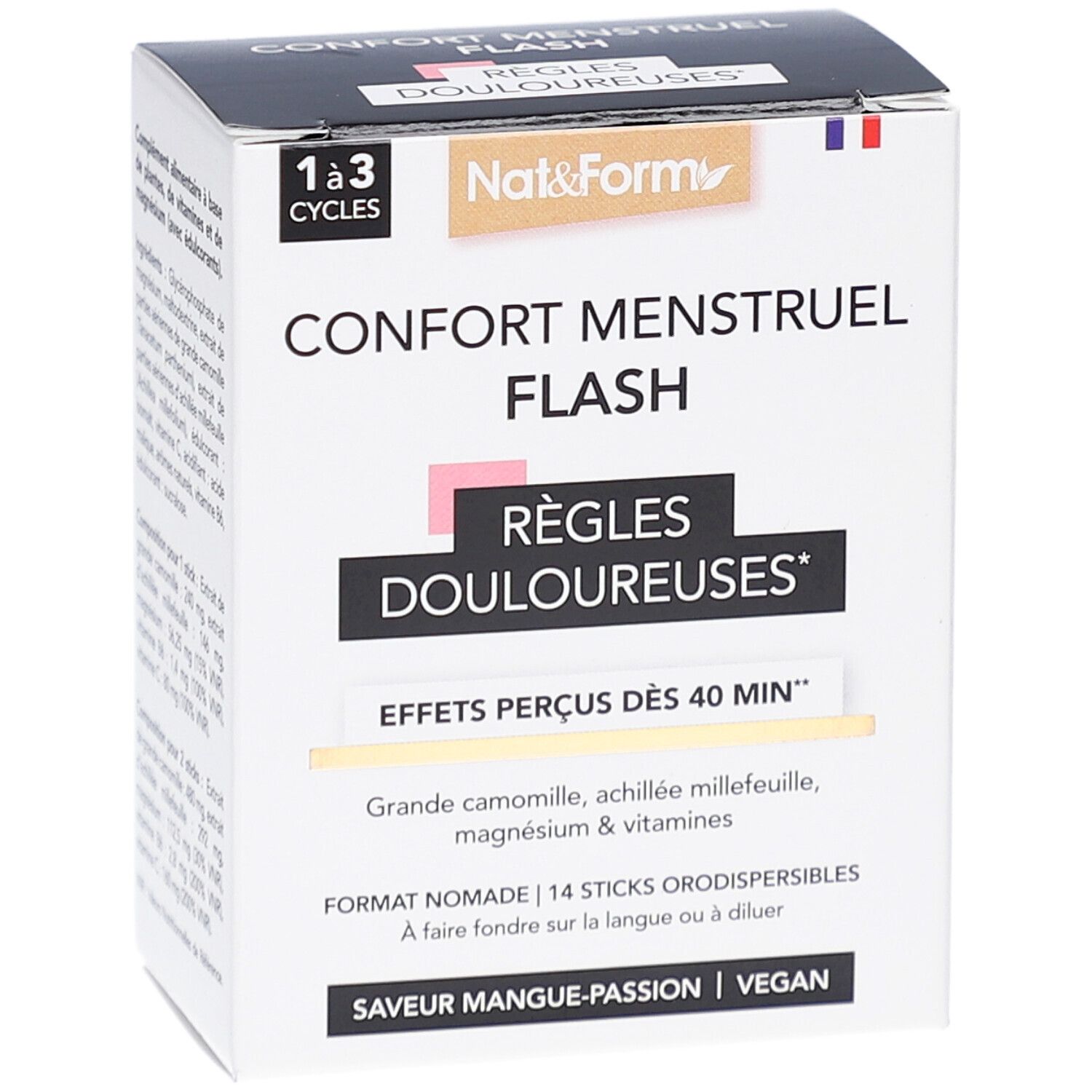 Boîte NAT & FORM Confort Menstruel Flash. Inscription : Règles Douloureuses, Effets perçus dès 40 min. 14 sticks. Vegan.