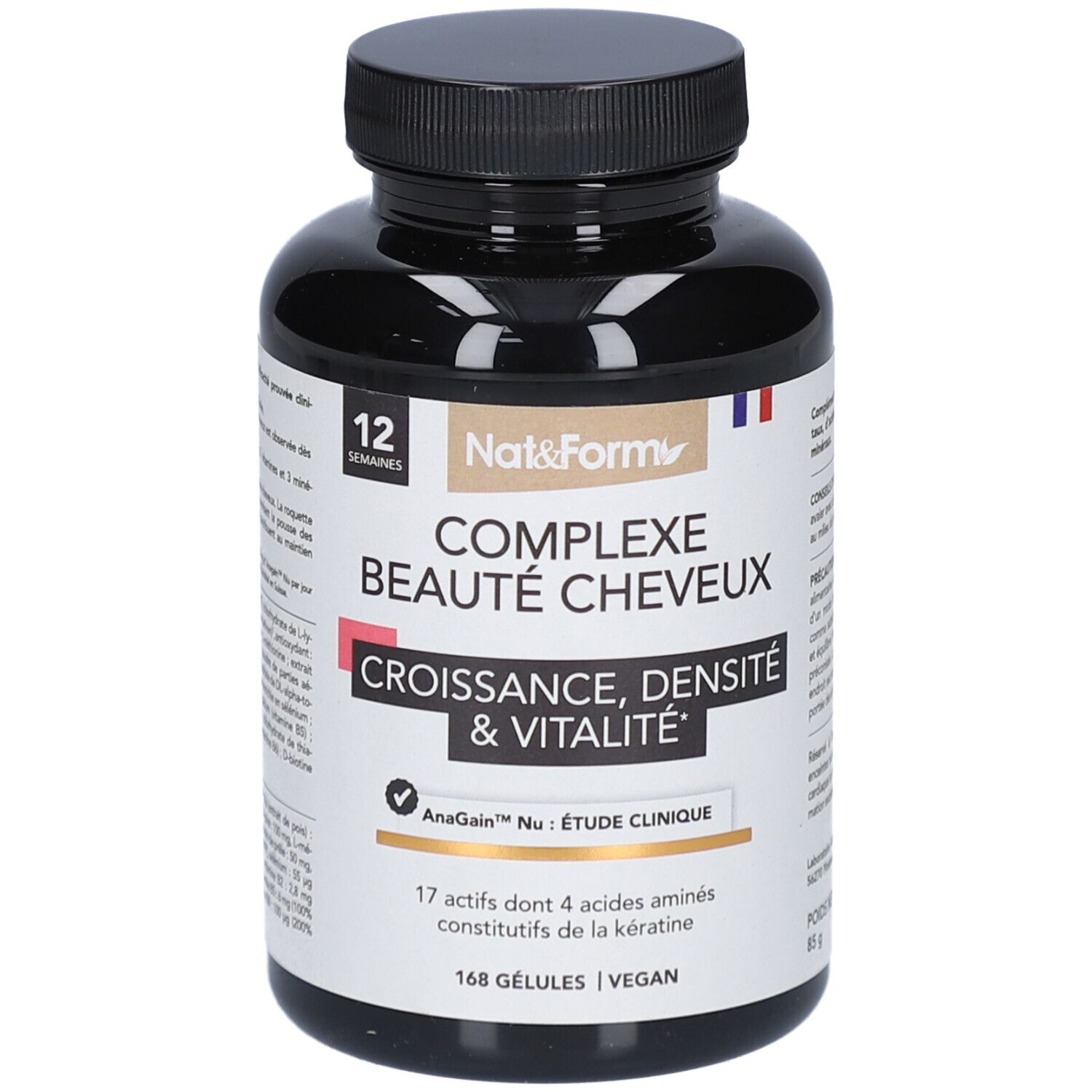 Flacon noir de gélules. Inscription: COMPLEXE BEAUTÉ CHEVEUX, Croissance, Densité & Vitalité. 168 Gélules. Vegan.