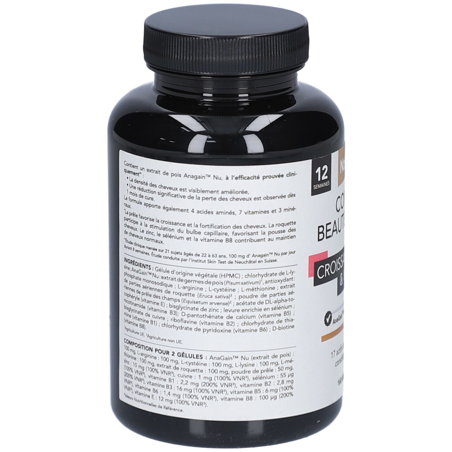 Dos du flacon noir de gélules. Texte avec ingrédients et composition. Vegan. 12 semaines.