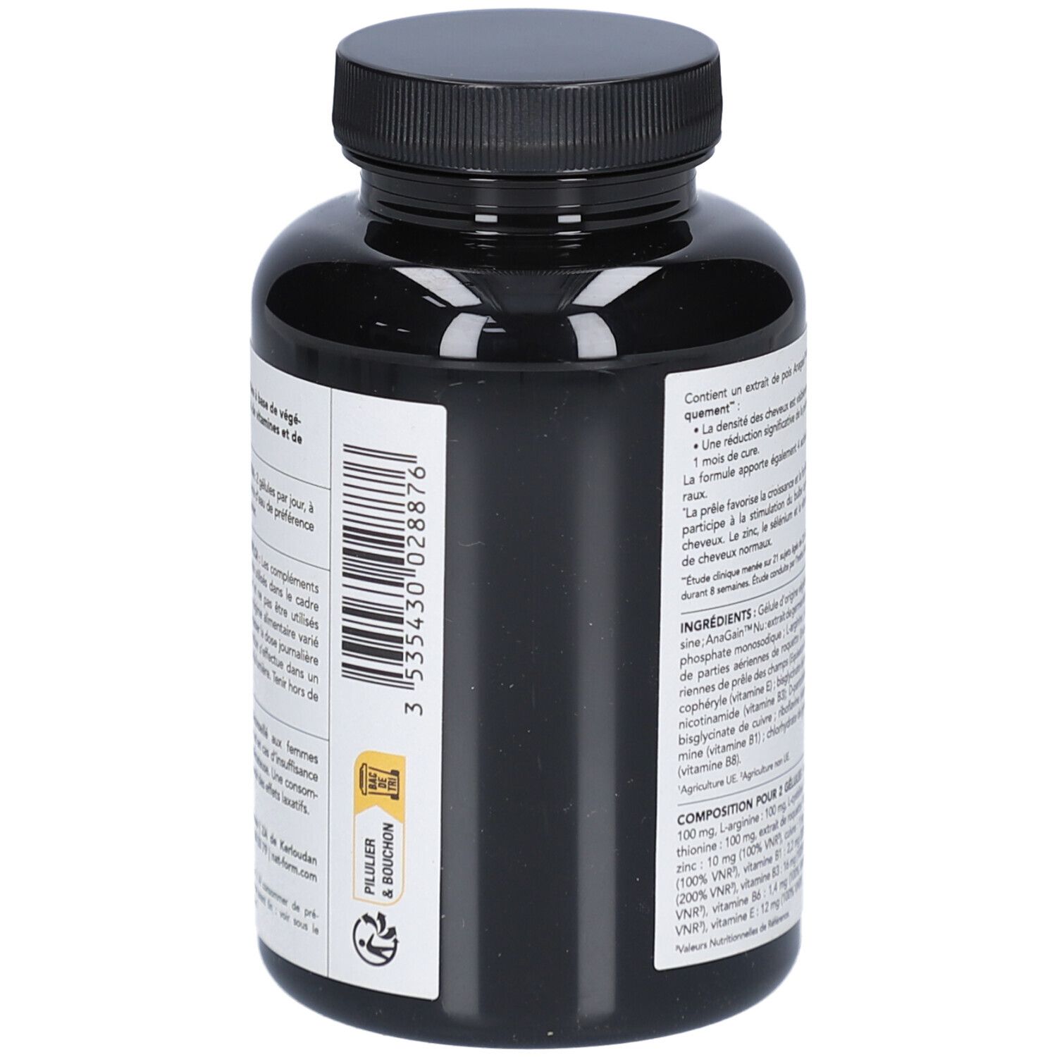 Flacon noir de gélules. Autocollant avec code-barres et texte. Vegan. Pillulier & Bouchon.