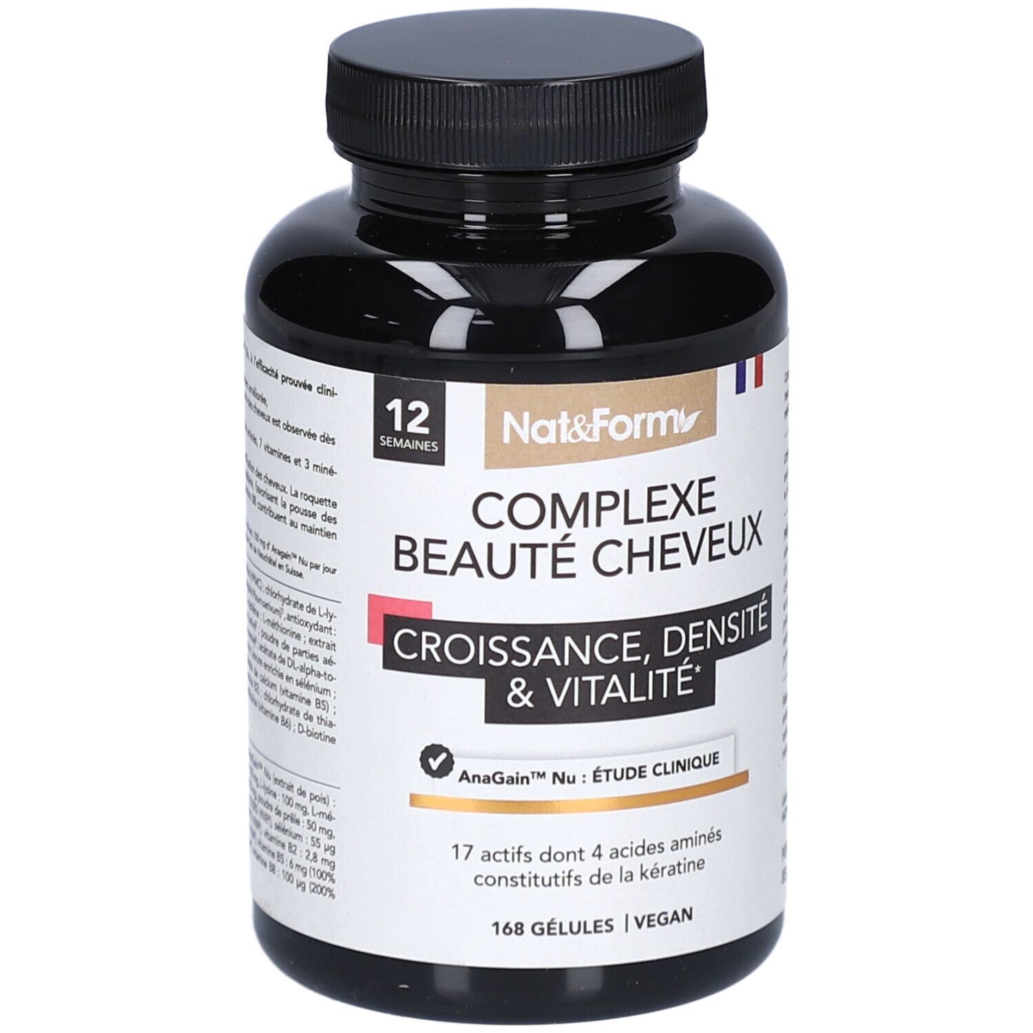Flacon noir de gélules. Inscription: COMPLEXE BEAUTÉ CHEVEUX, Croissance, Densité & Vitalité. 168 Gélules. Vegan.
