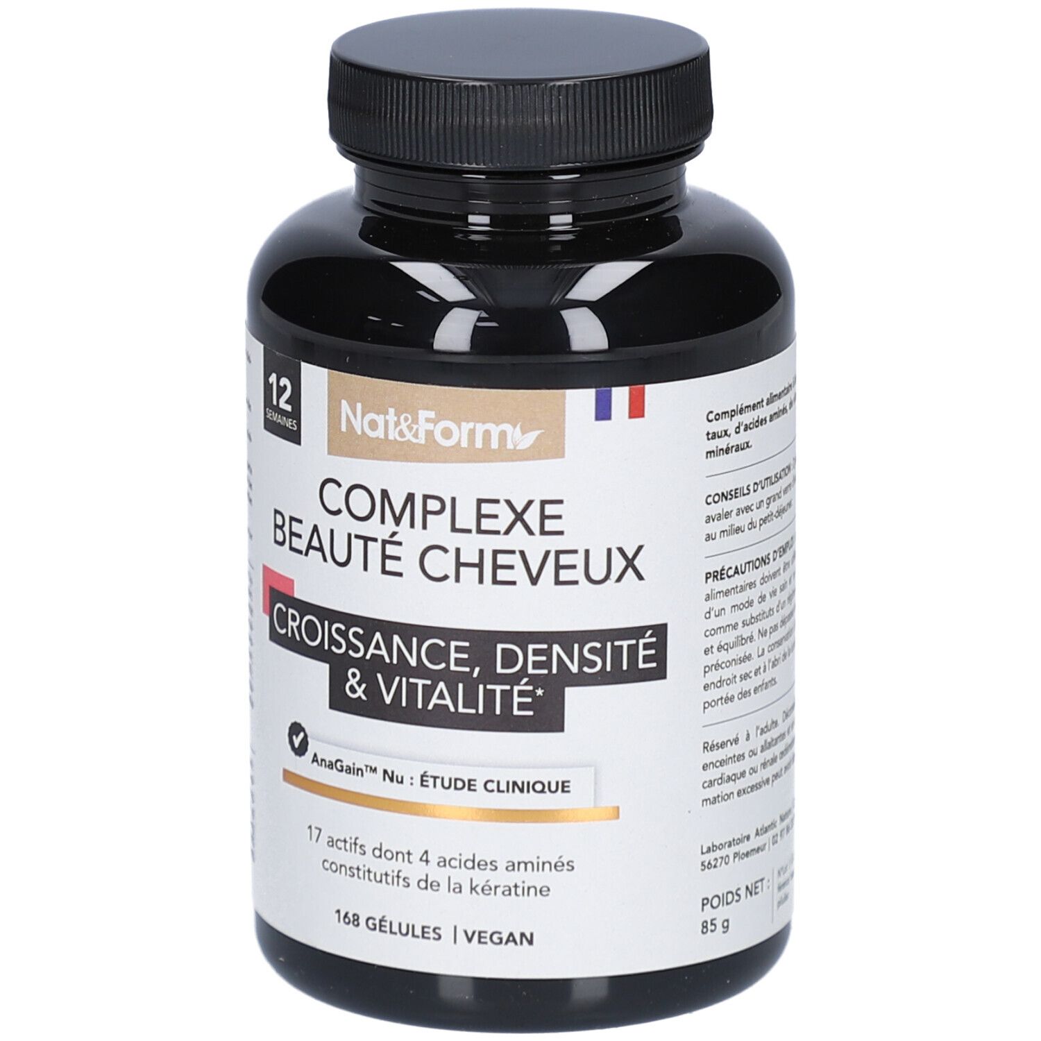 Flacon noir de gélules. Inscription: COMPLEXE BEAUTÉ CHEVEUX, Croissance, Densité & Vitalité. 168 Gélules. Vegan. 85 g.