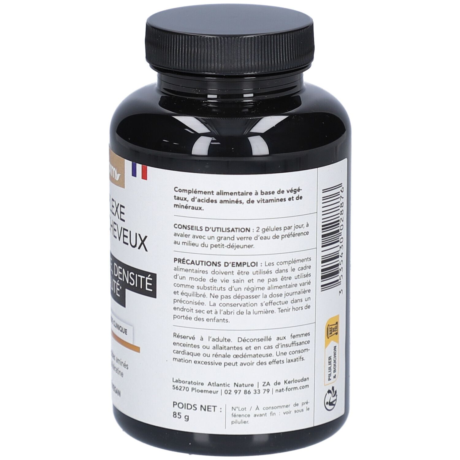 Dos du flacon noir de gélules. Texte avec conseils d'utilisation et précautions d'emploi. 85 g.