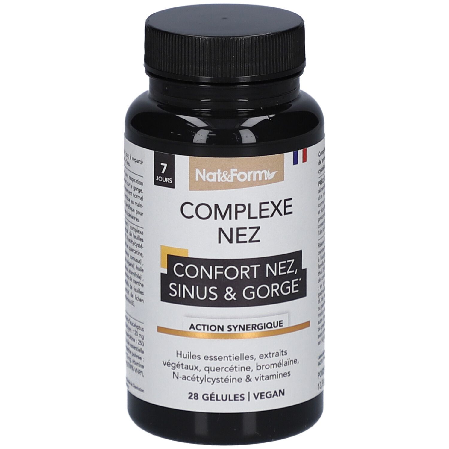 Flacon noir de gélules. Inscription: COMPLEXE NEZ, Confort Nez, Sinus & Gorge. Marque: Nat&Form. 28 gélules, vegan.