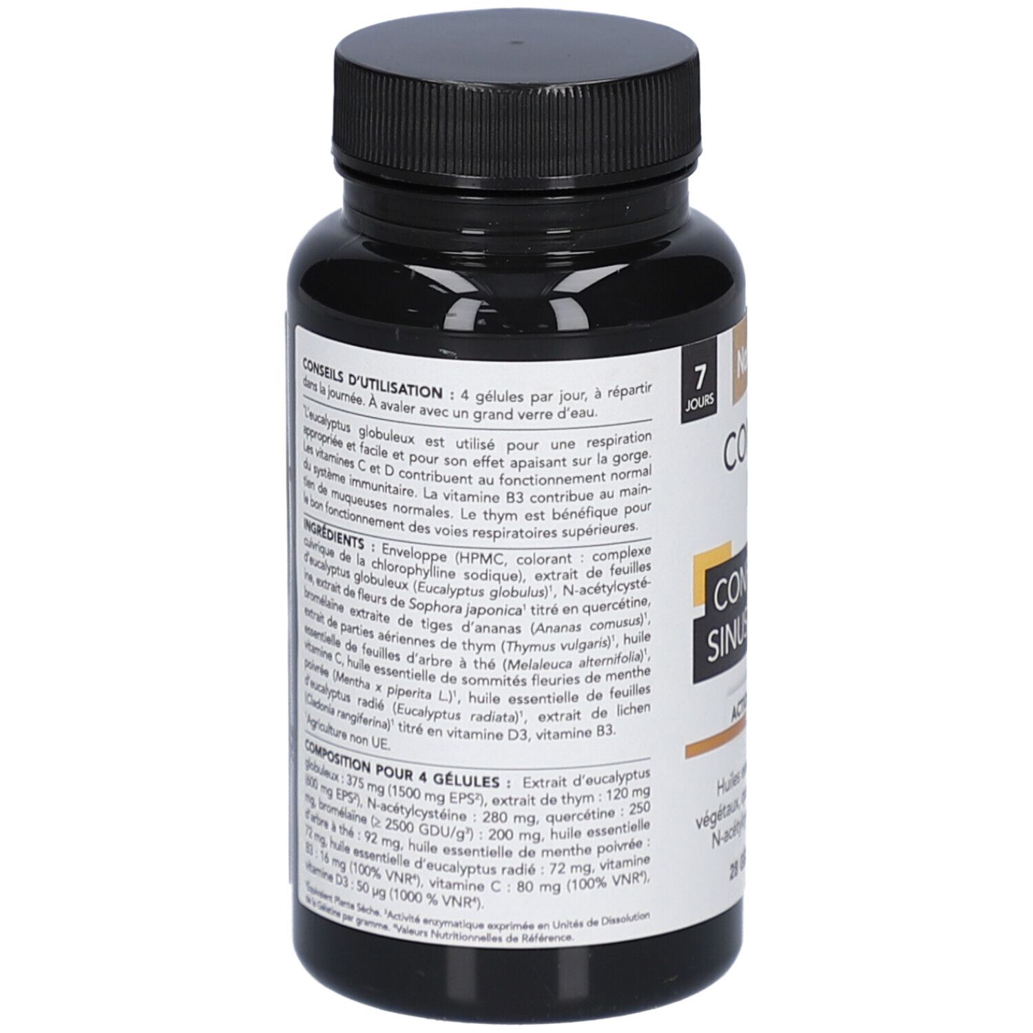 Dos du flacon noir de gélules. Texte: ingrédients, conseils d'utilisation. Marque: Nat&Form. 7 jours.