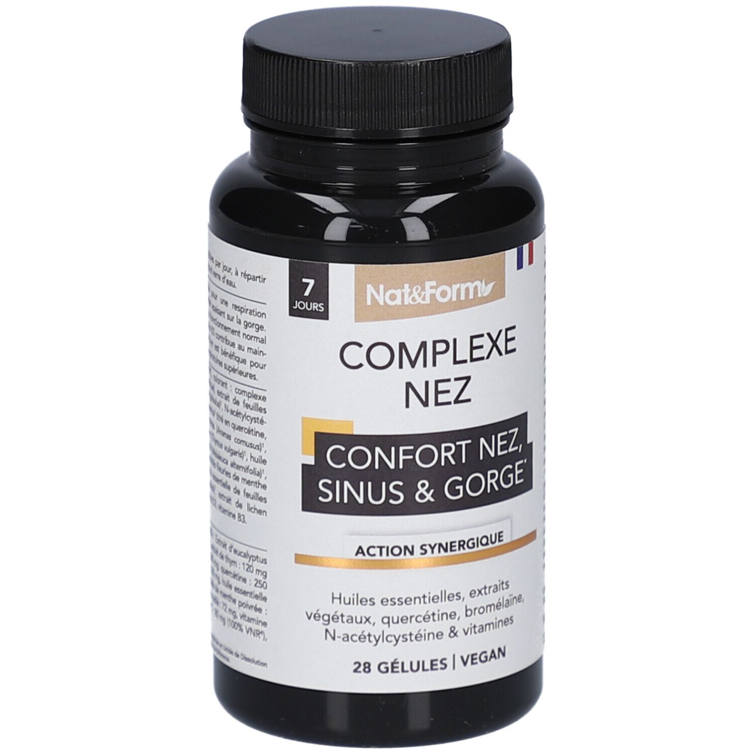 Flacon noir de gélules. Inscription: COMPLEXE NEZ, Confort Nez, Sinus & Gorge. Marque: Nat&Form. 28 gélules, vegan.