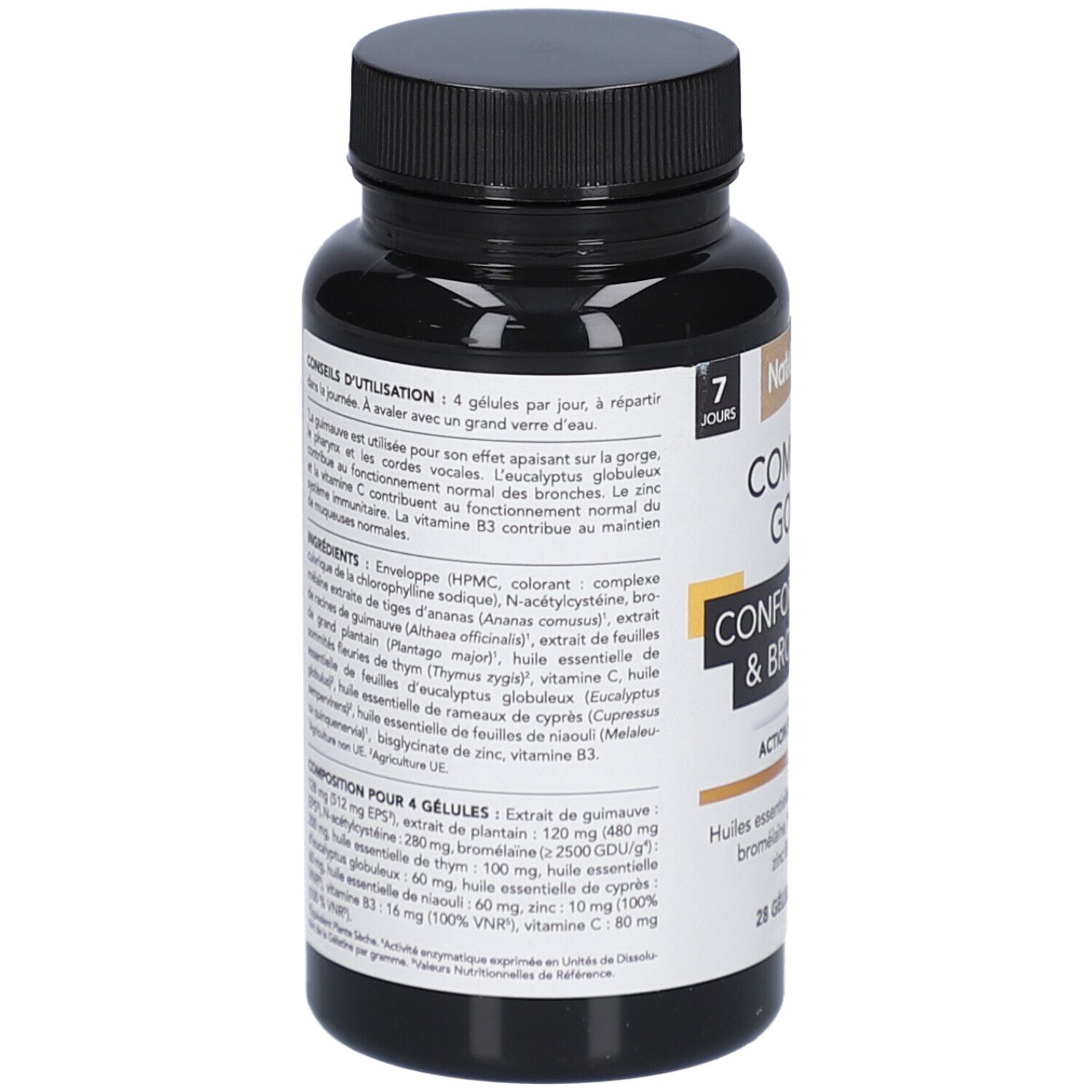 Dos du flacon noir de gélules. Texte avec ingrédients et conseils d'utilisation. 28 gélules.