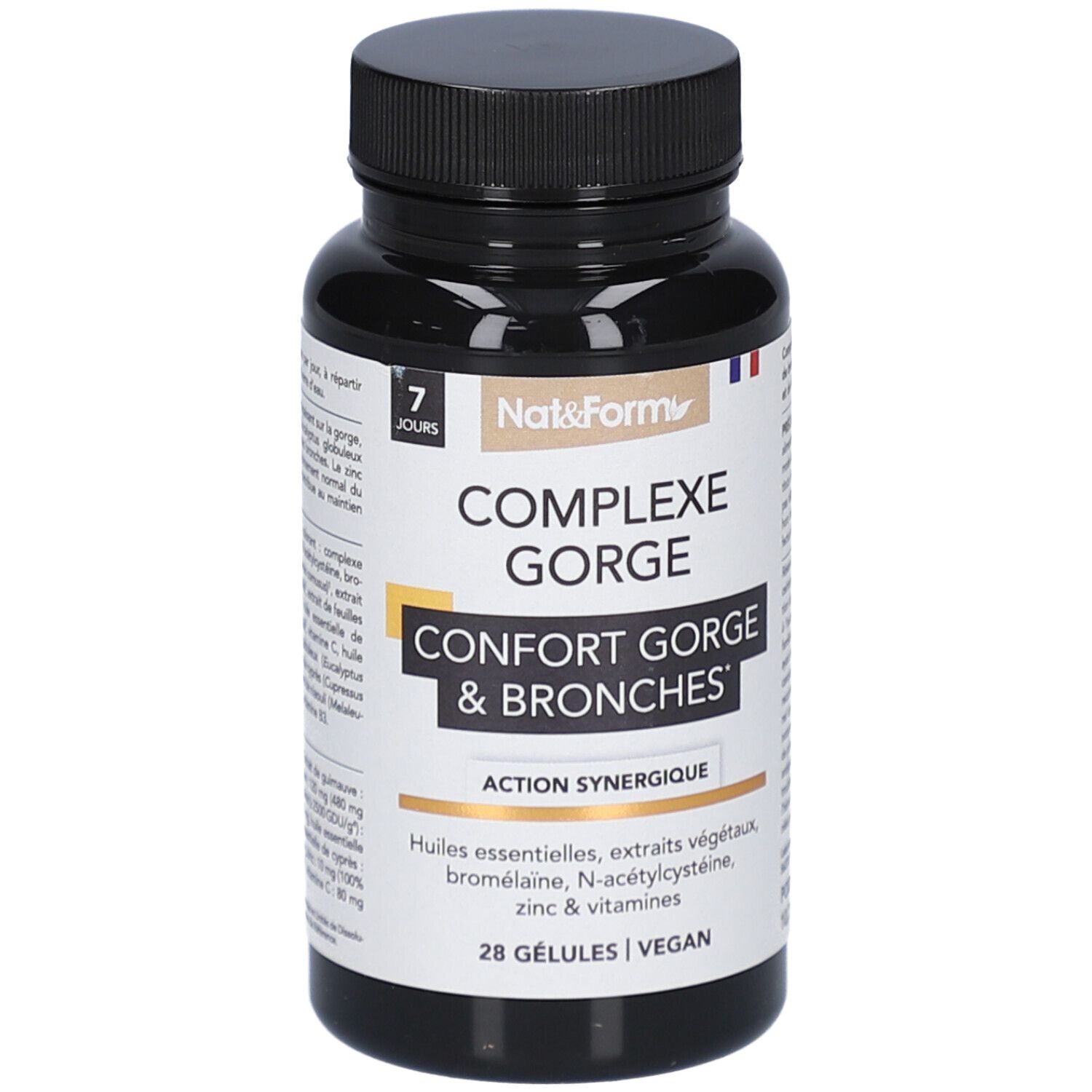 Flacon noir de gélules. Inscription: COMPLEXE GORGE, CONFORT GORGE & BRONCHES. 28 gélules. Vegan.